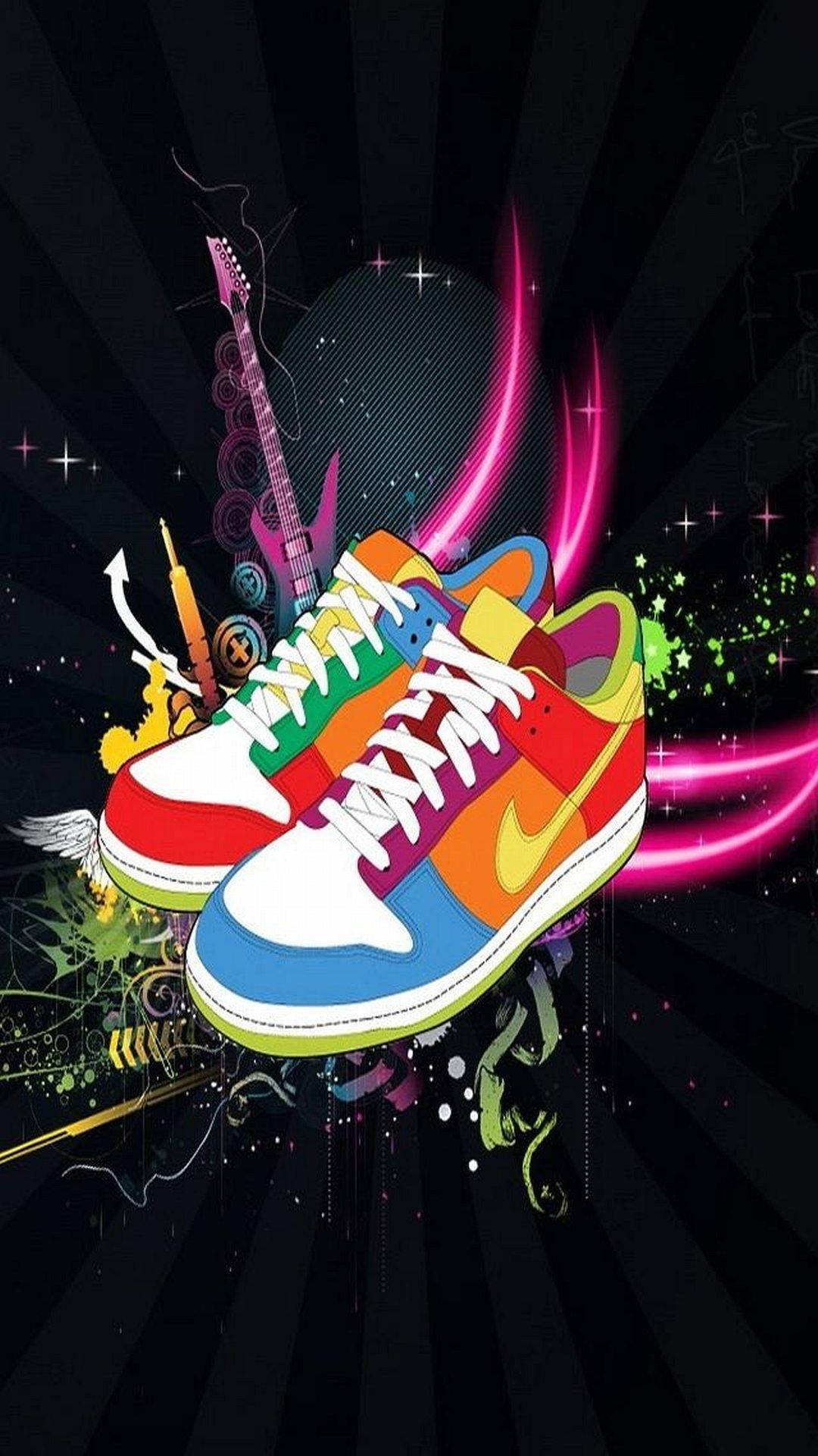 cool Nike shoe, neon colors, dark starry background, Full HD Phone Wallpaper