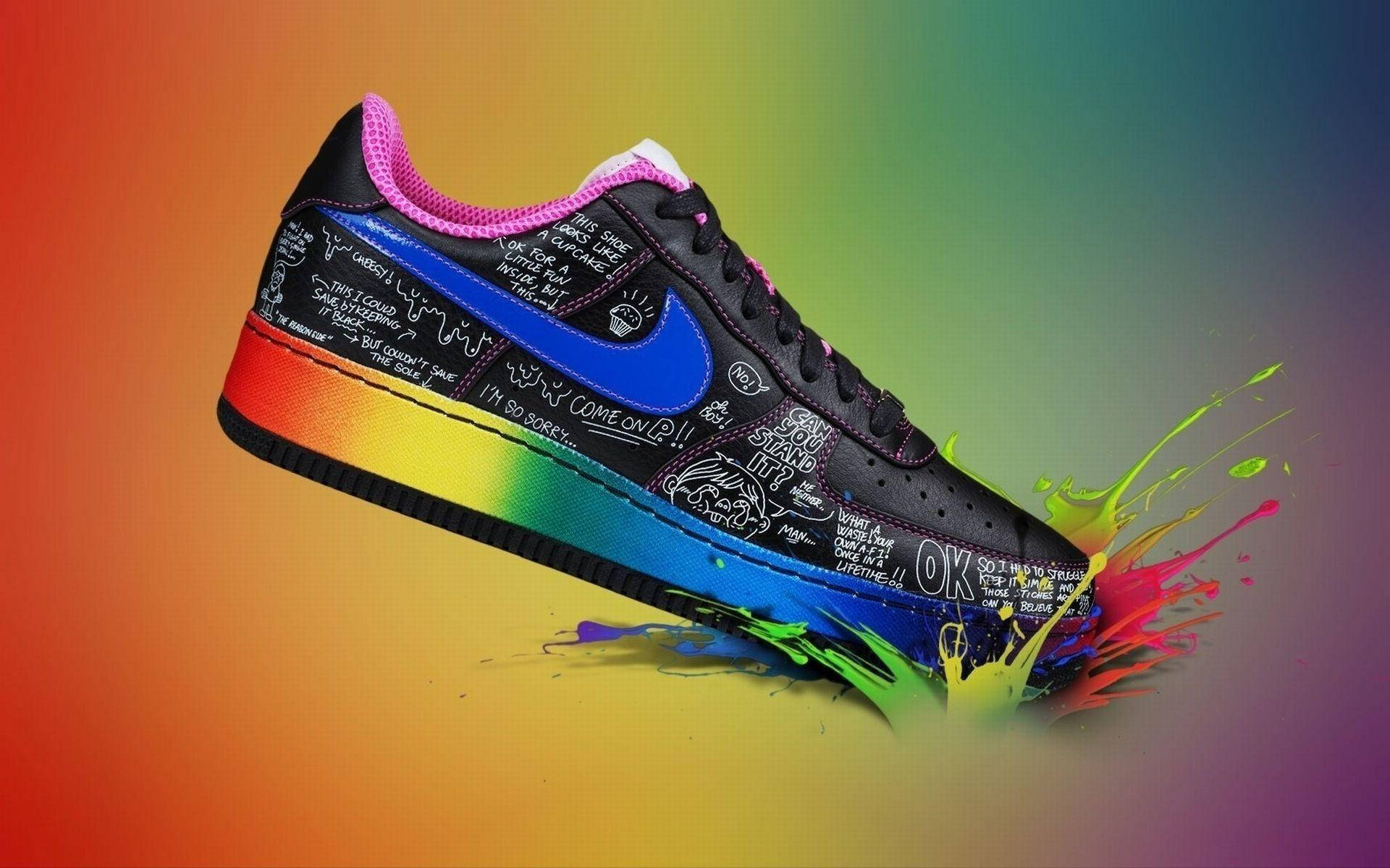 Cool Nike Shoe, black sneaker, rainbow paint splatters, Full HD Desktop Wallpaper