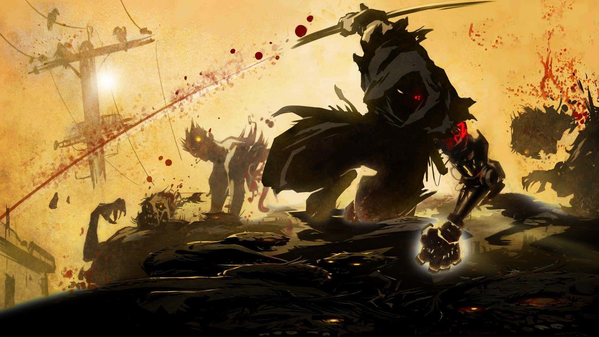 Cool Ninja, sunset, blood splattered ruined town, Full HD Desktop Wallpaper