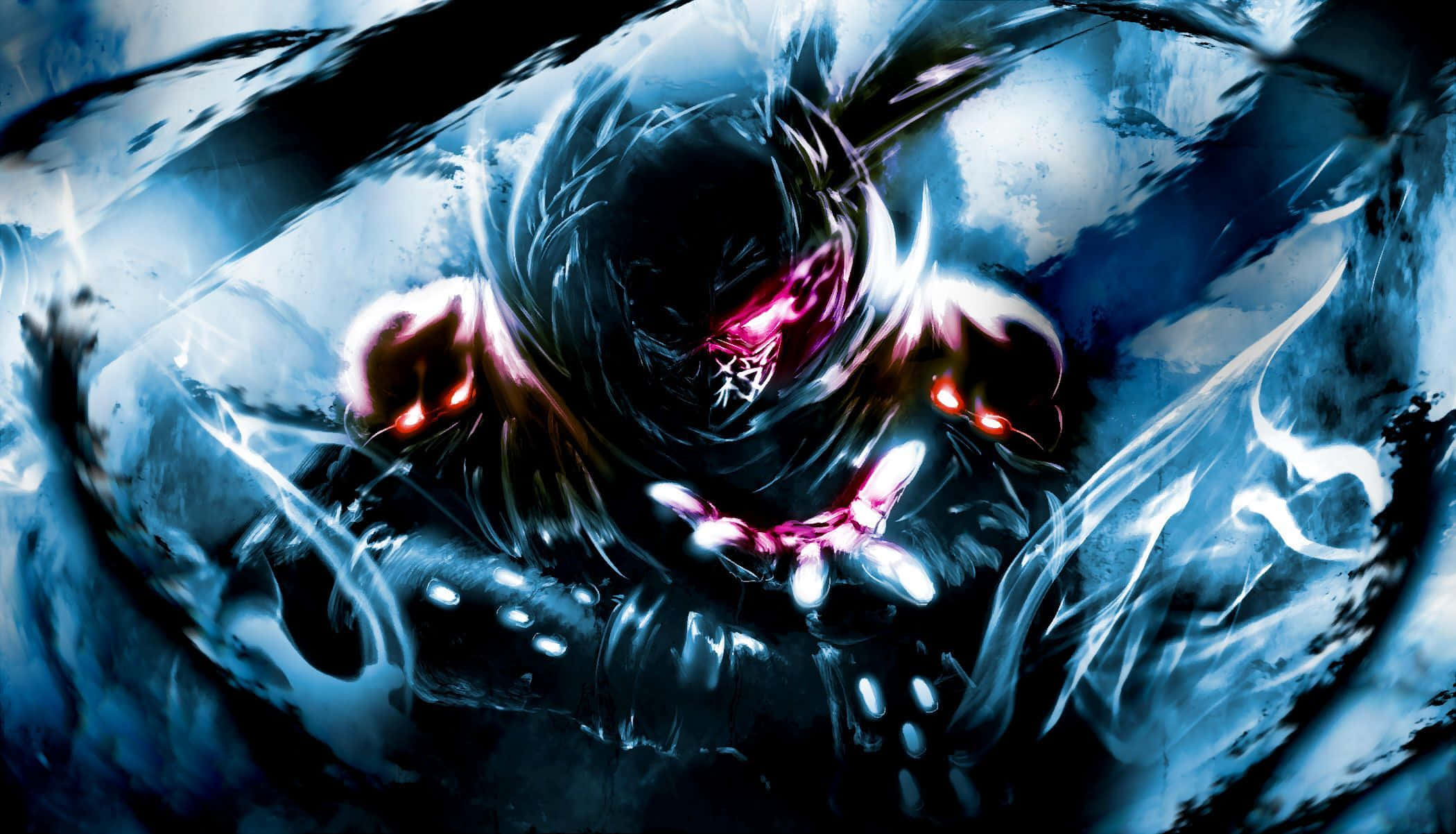 Cool Ninja, glowing red eyes, pink energy crackles, Full HD Desktop Wallpaper