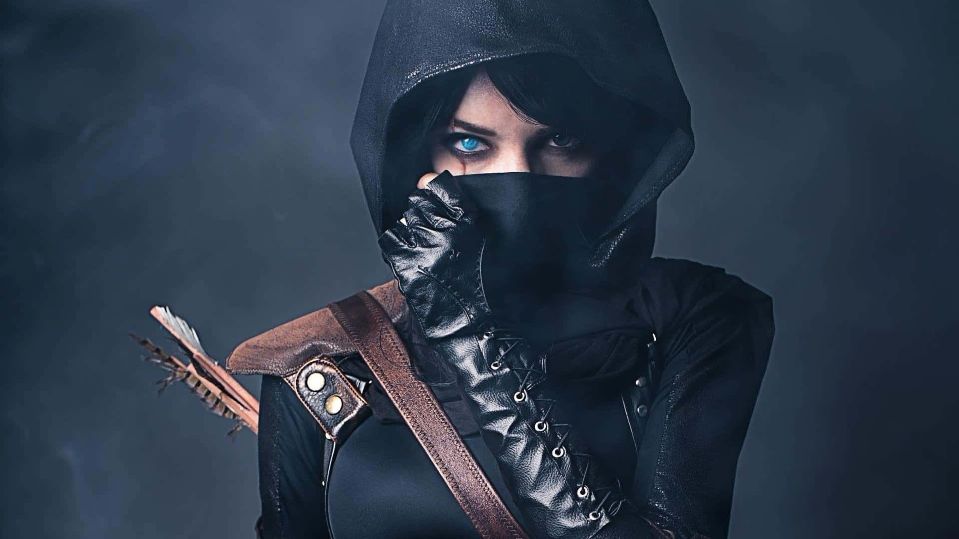 Cool Ninja, hooded archer, glowing blue eyes, Full HD Desktop Wallpaper