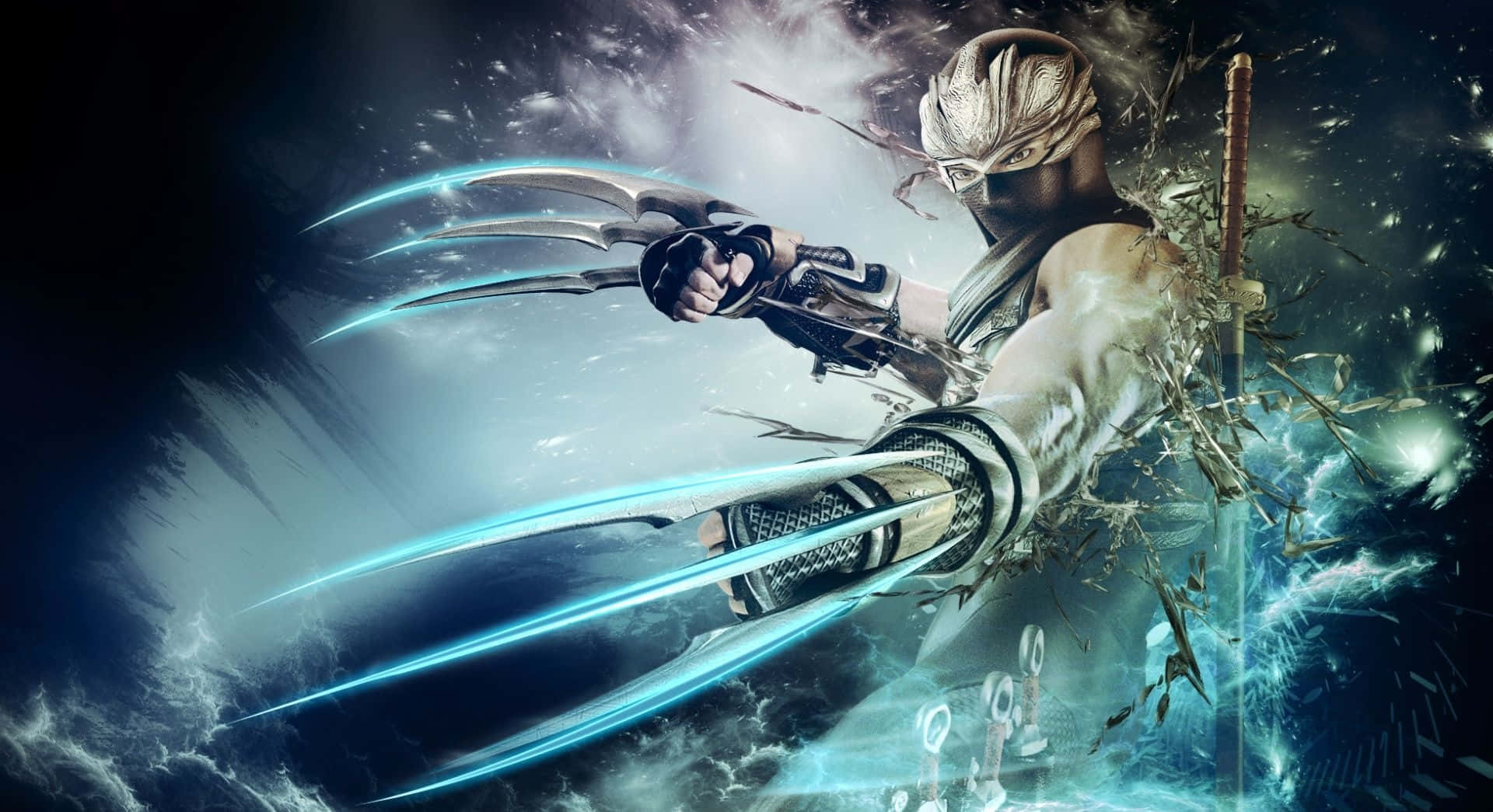 Cool Ninja, glowing blue claws, stormy sky, Full HD Desktop Wallpaper