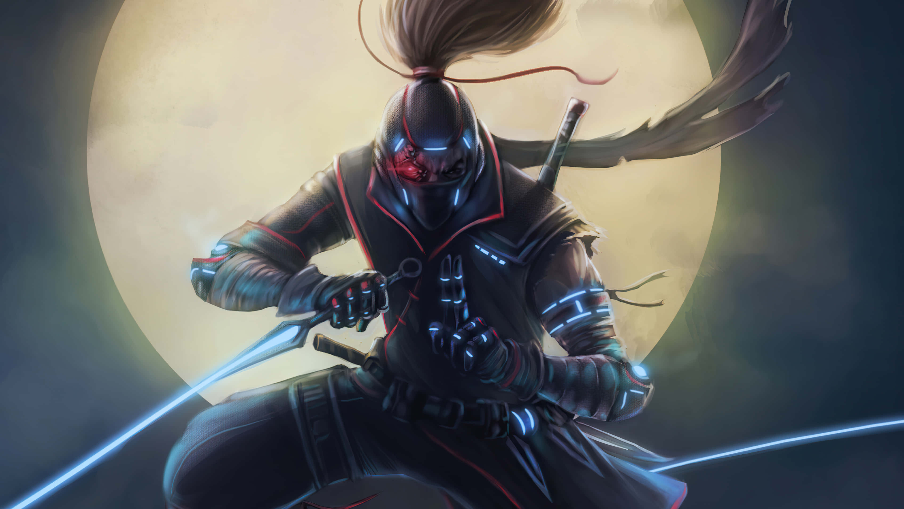 Cool Ninja, full moon, dark armor, 4K Desktop Wallpaper