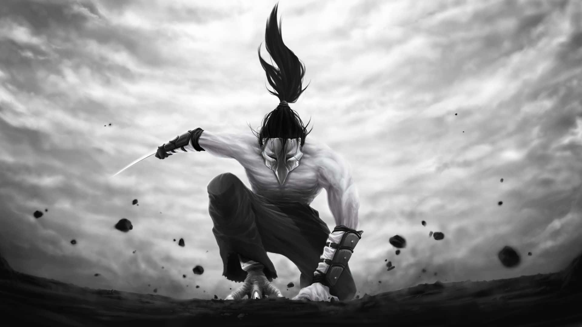 black and white image, man with long hair, muscular masked warrior, Full HD Desktop Wallpaper