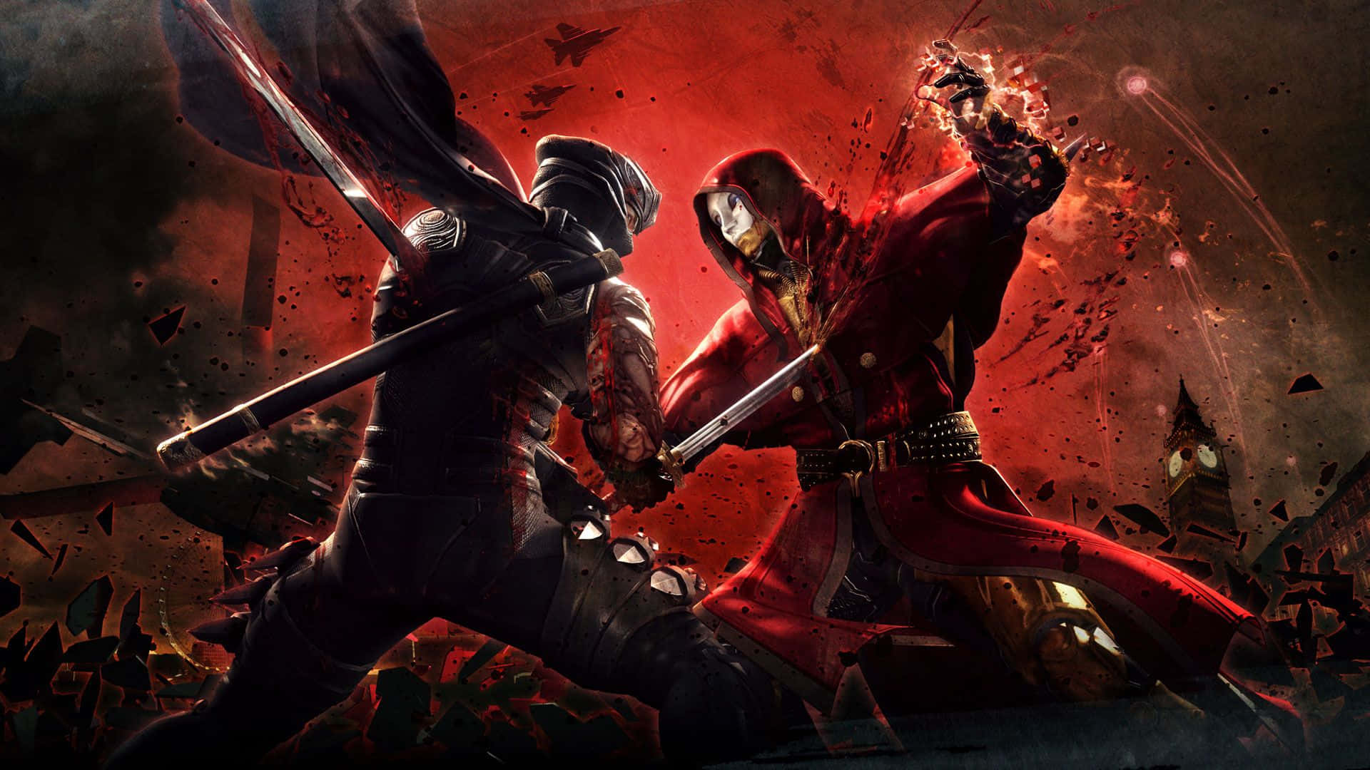 ninja, masked warriors, fiery urban battlefield, Full HD Desktop Wallpaper