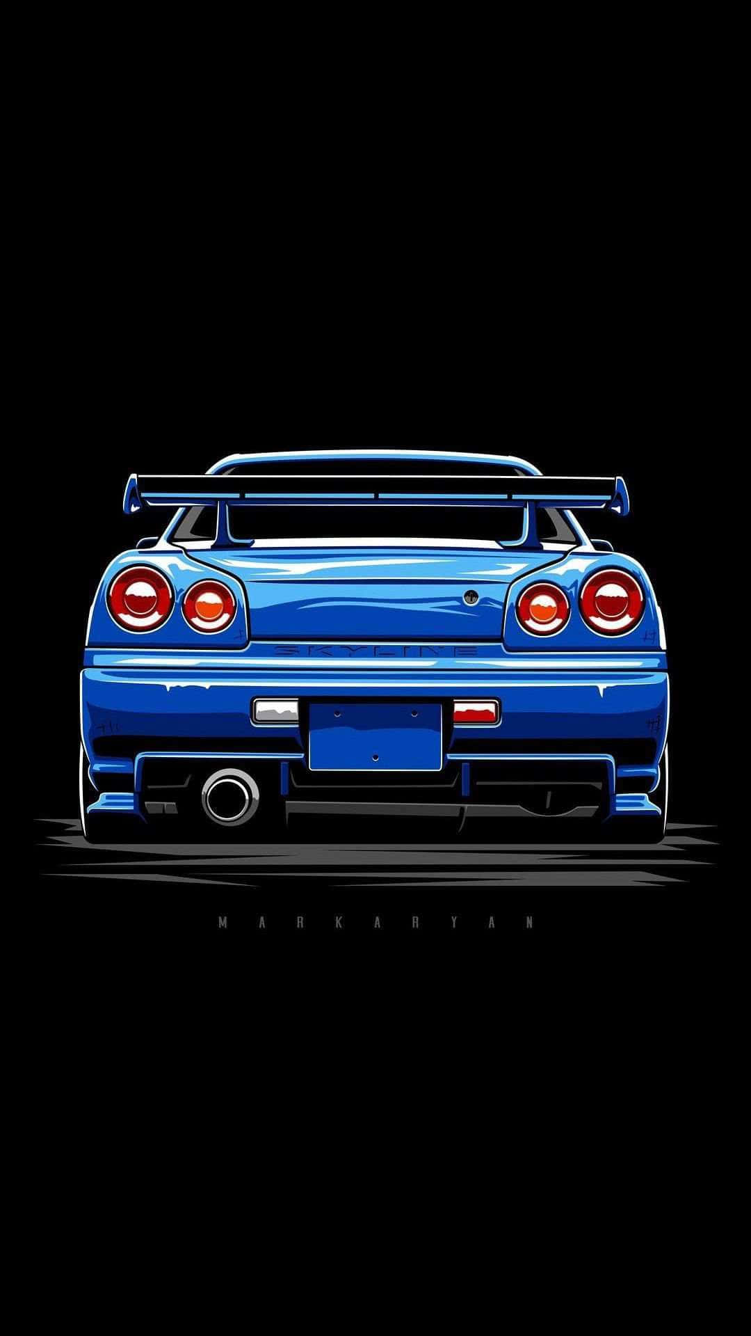 Nissan Skyline, vibrant blue, glowing red taillights, Full HD Phone Wallpaper