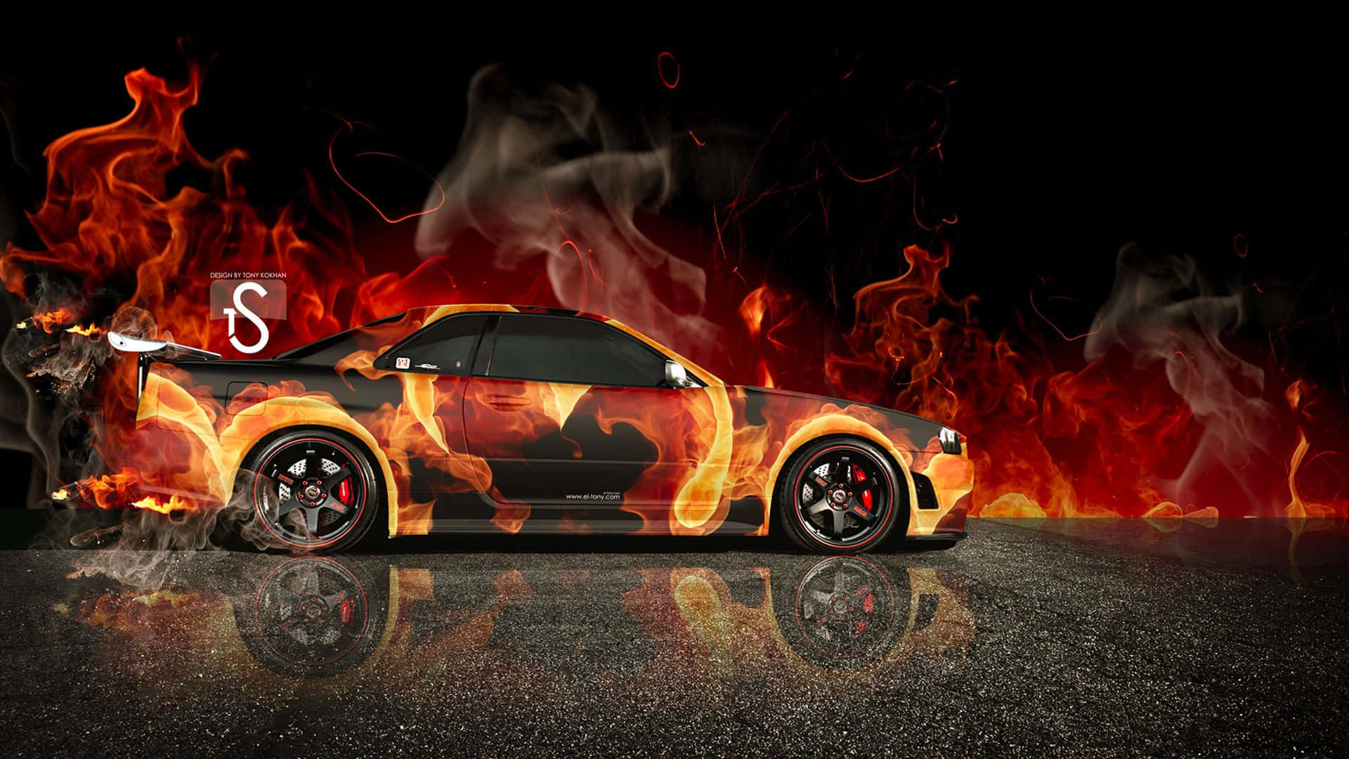 Nissan Skyline, sleek black sports car, fiery orange flame decals, Full HD Desktop Wallpaper