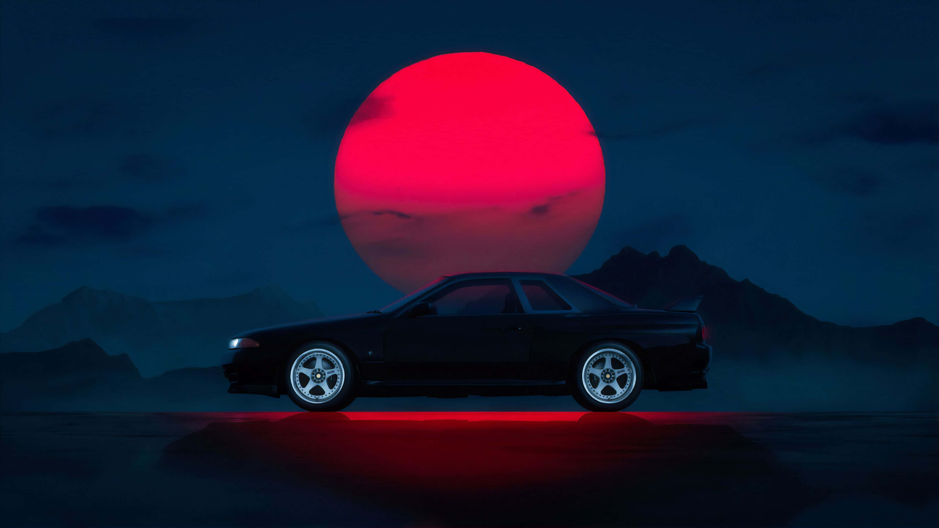Nissan Skyline, sleek black sports car, glowing red moon, 4K Desktop Wallpaper