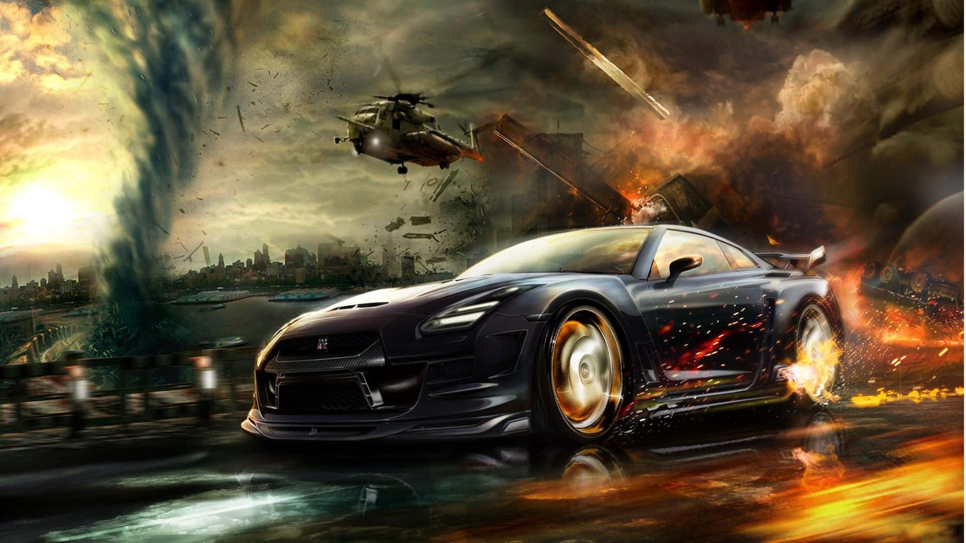 Cool Nissan Skyline, black sports car, fiery urban chaos, Full HD Desktop Wallpaper