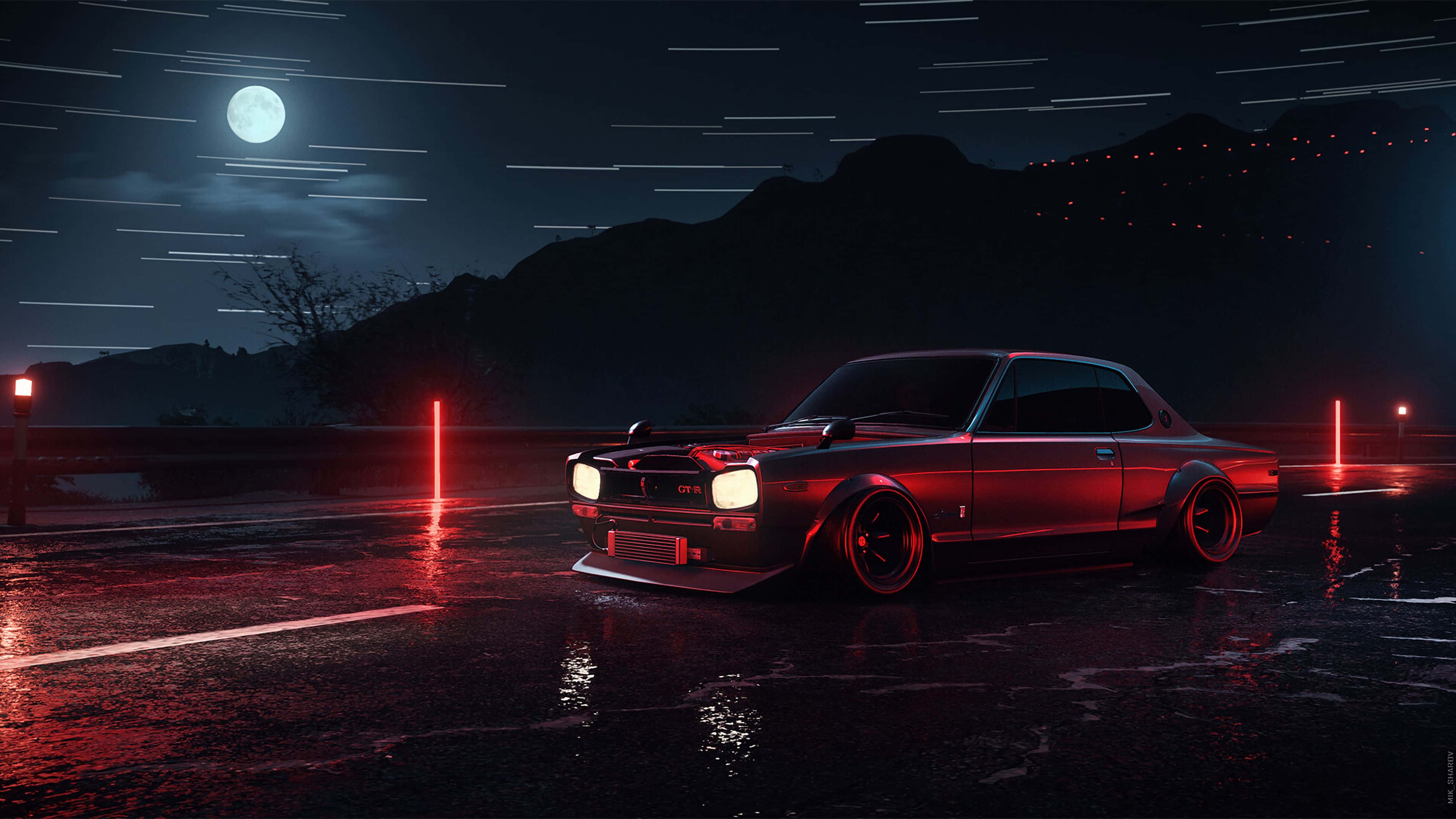 Cool Nissan Skyline, red, neon lights, 4K Desktop Wallpaper