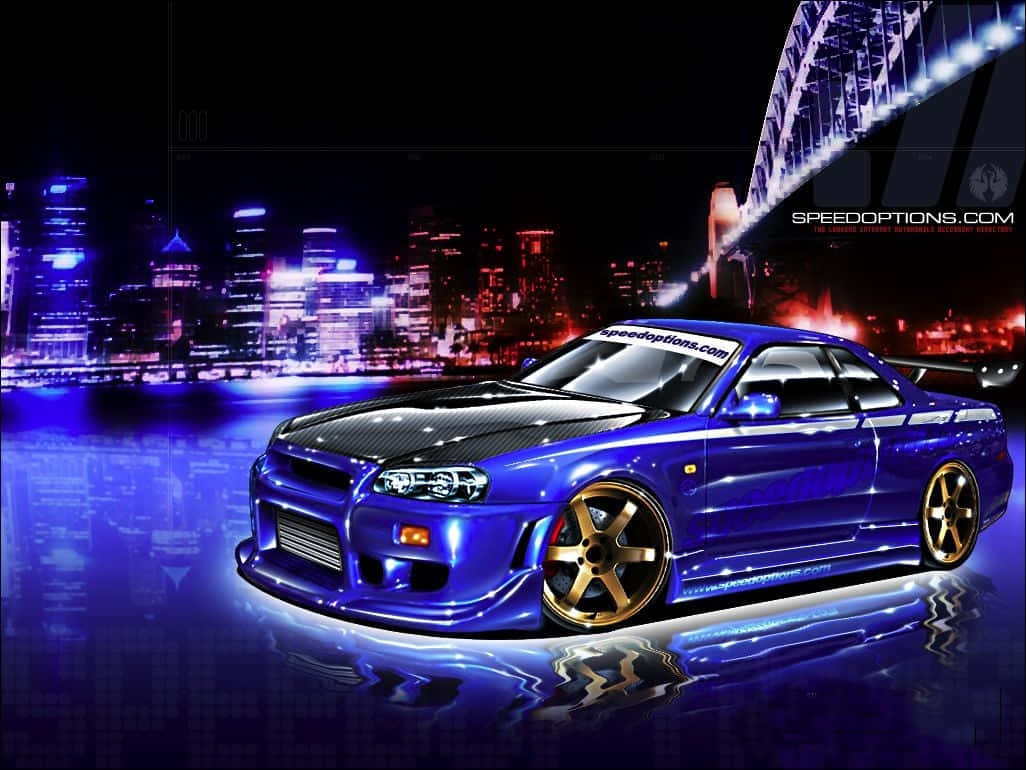 Nissan Skyline, blue, glossy, SD Desktop Wallpaper