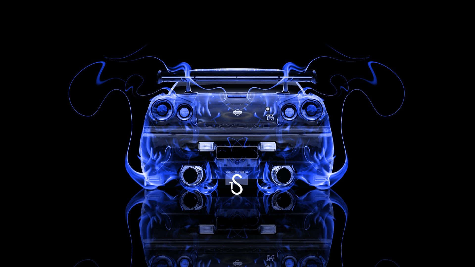 Cool Nissan Skyline, glowing blue, smoke effects, Full HD Desktop Wallpaper