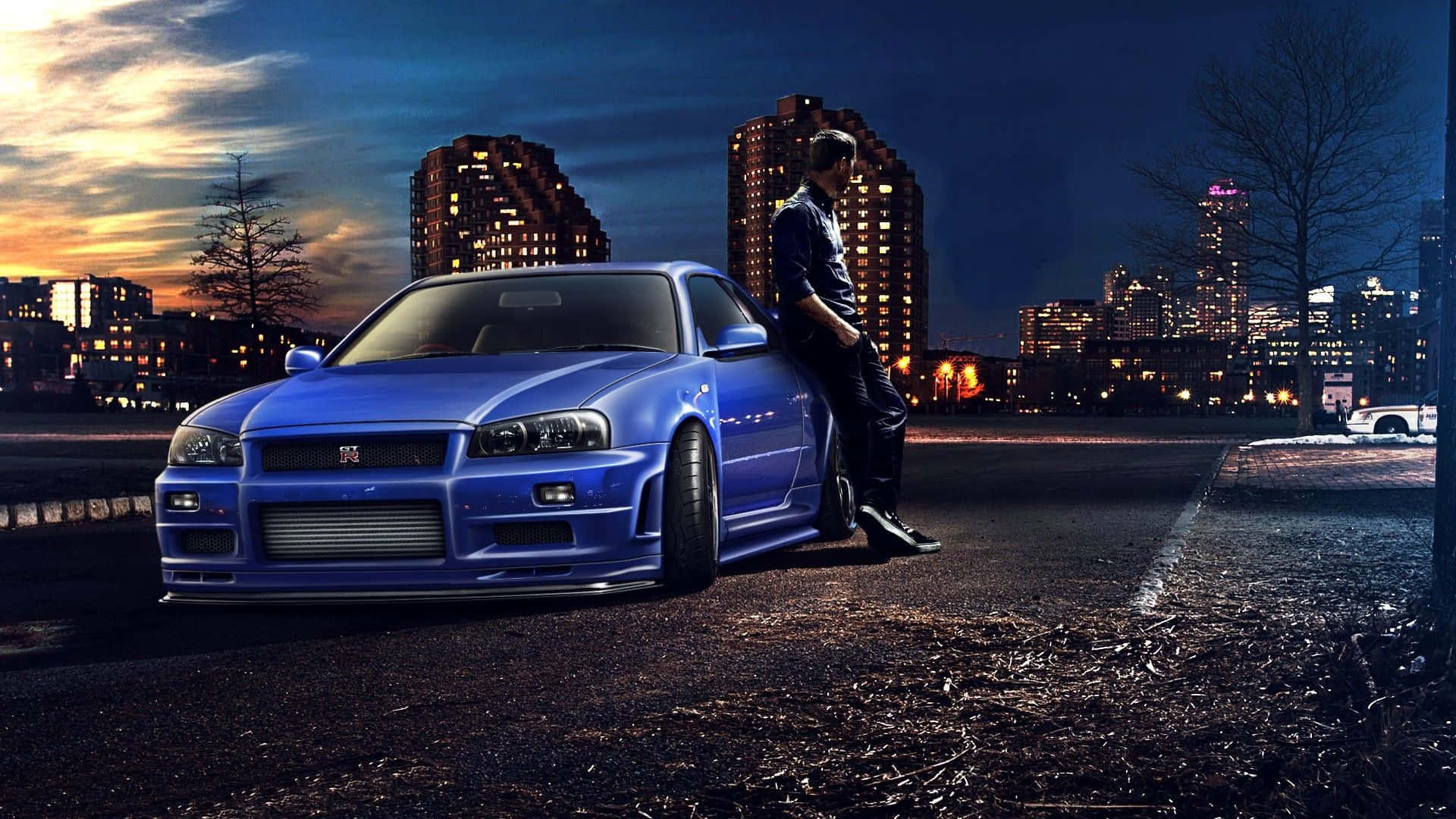Nissan Skyline, vibrant blue, wet city street, Full HD Desktop Wallpaper