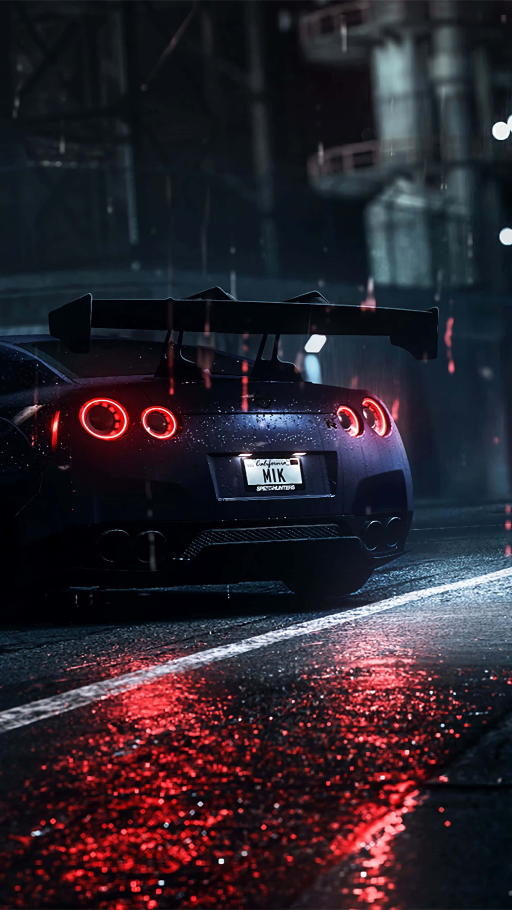 Cool Nissan Skyline, black sports car, glowing red taillights, 4K Phone Wallpaper