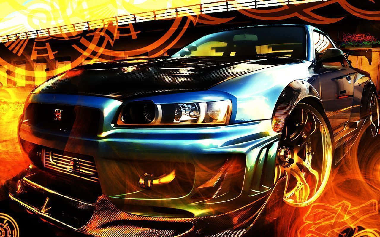 Nissan Skyline, blue sports car, glowing headlights, HD Desktop Wallpaper