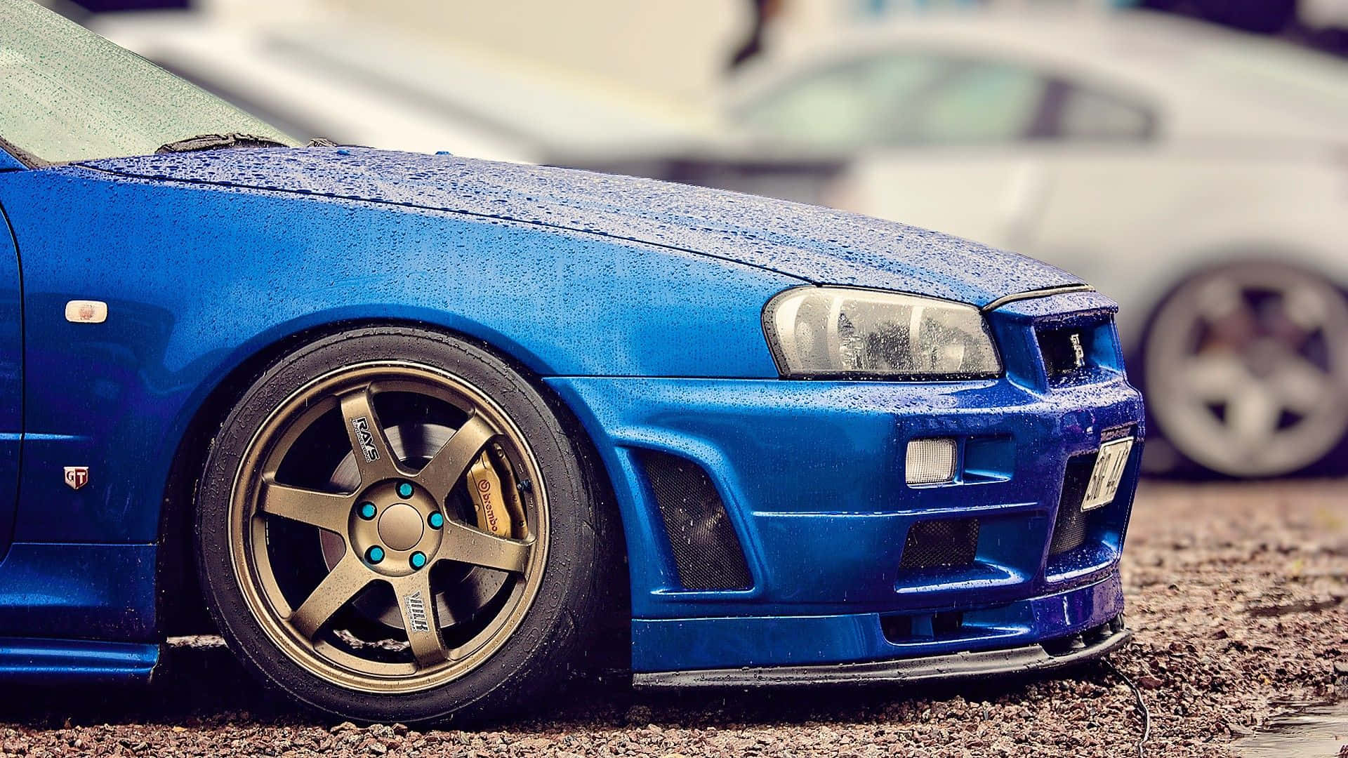 Nissan Skyline, vibrant blue, gold rims, Full HD Desktop Wallpaper
