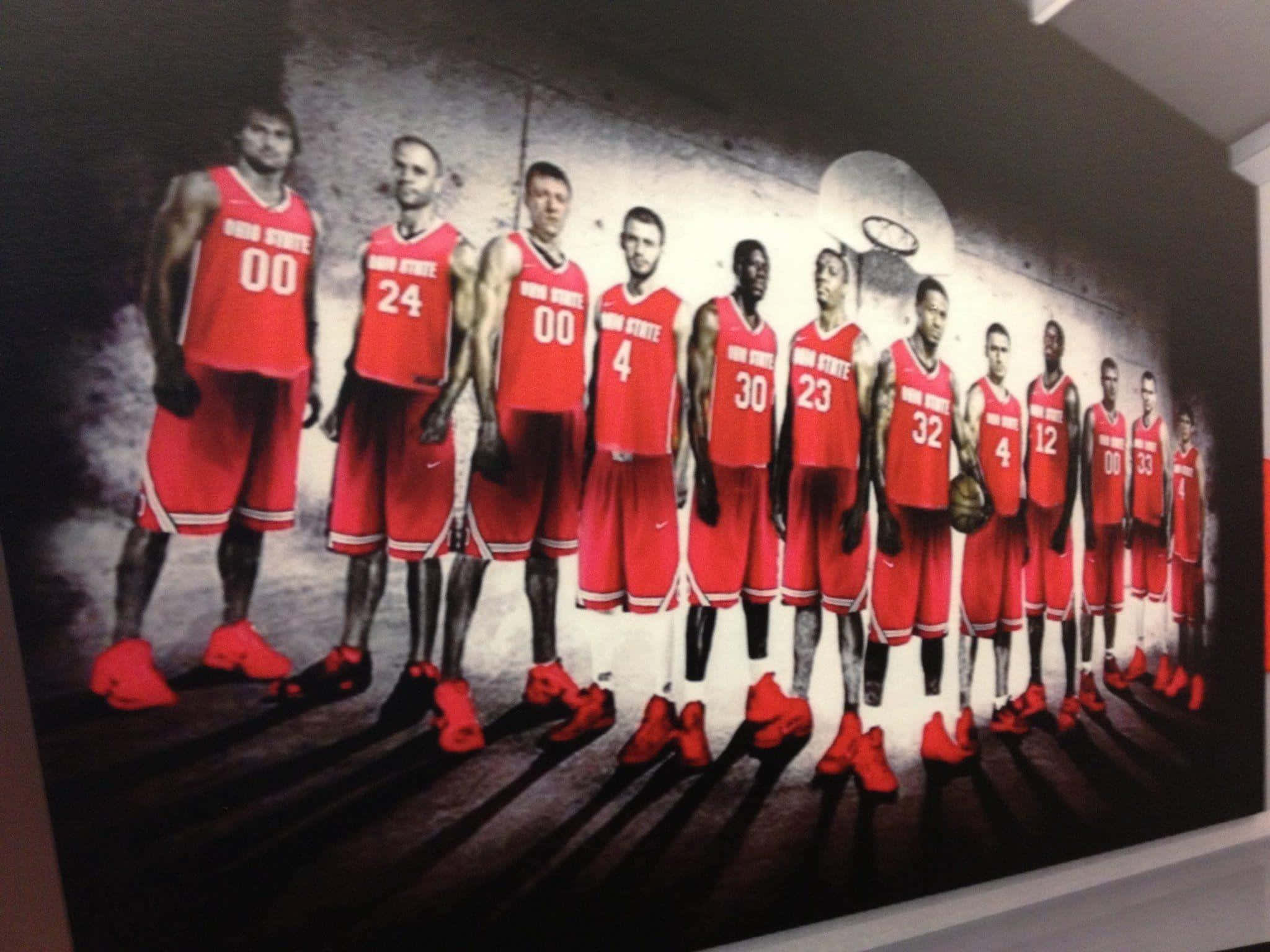 Ohio State basketball players, red uniforms, wooden court, Full HD Desktop Wallpaper
