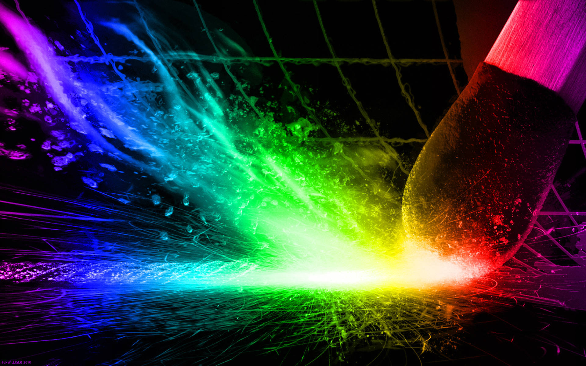 rainbow, glowing pencil tip, dark grid background, Full HD Desktop Wallpaper
