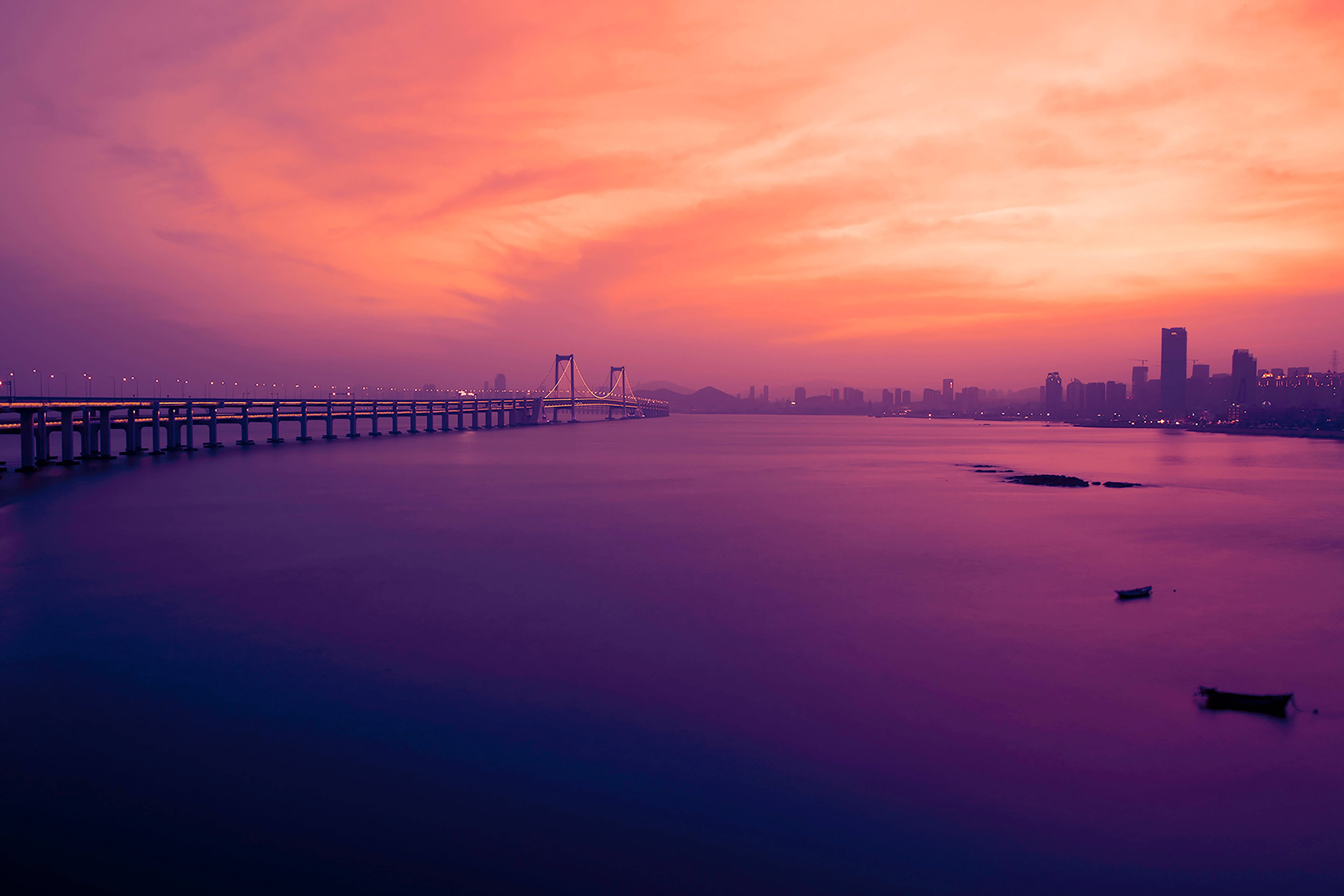 orange pink sunset, long bridge, calm waterway, 5K Desktop Wallpaper
