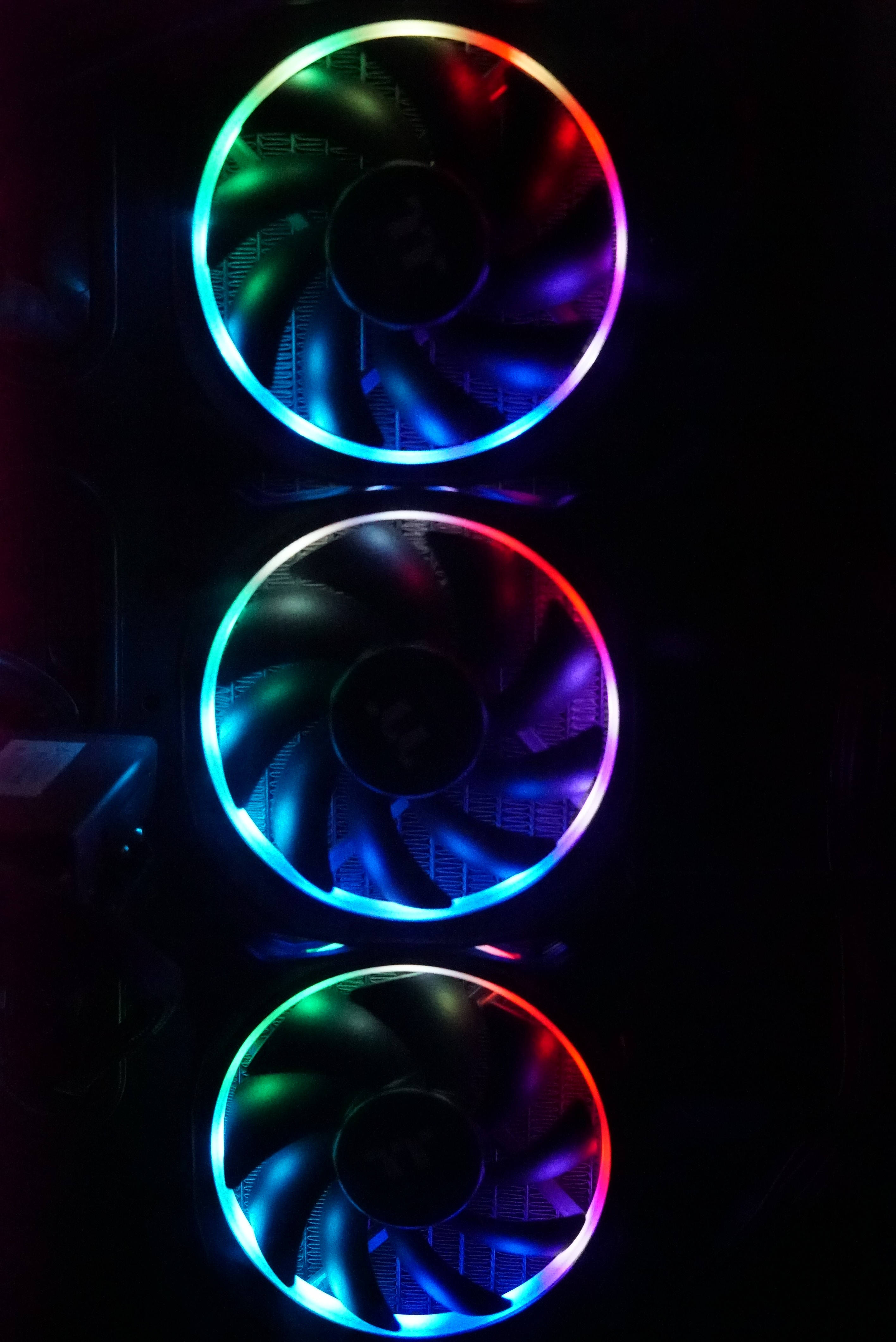 RGB backlight fans, glowing RGB computer fans, vibrant rainbow lights, 4K Phone Wallpaper