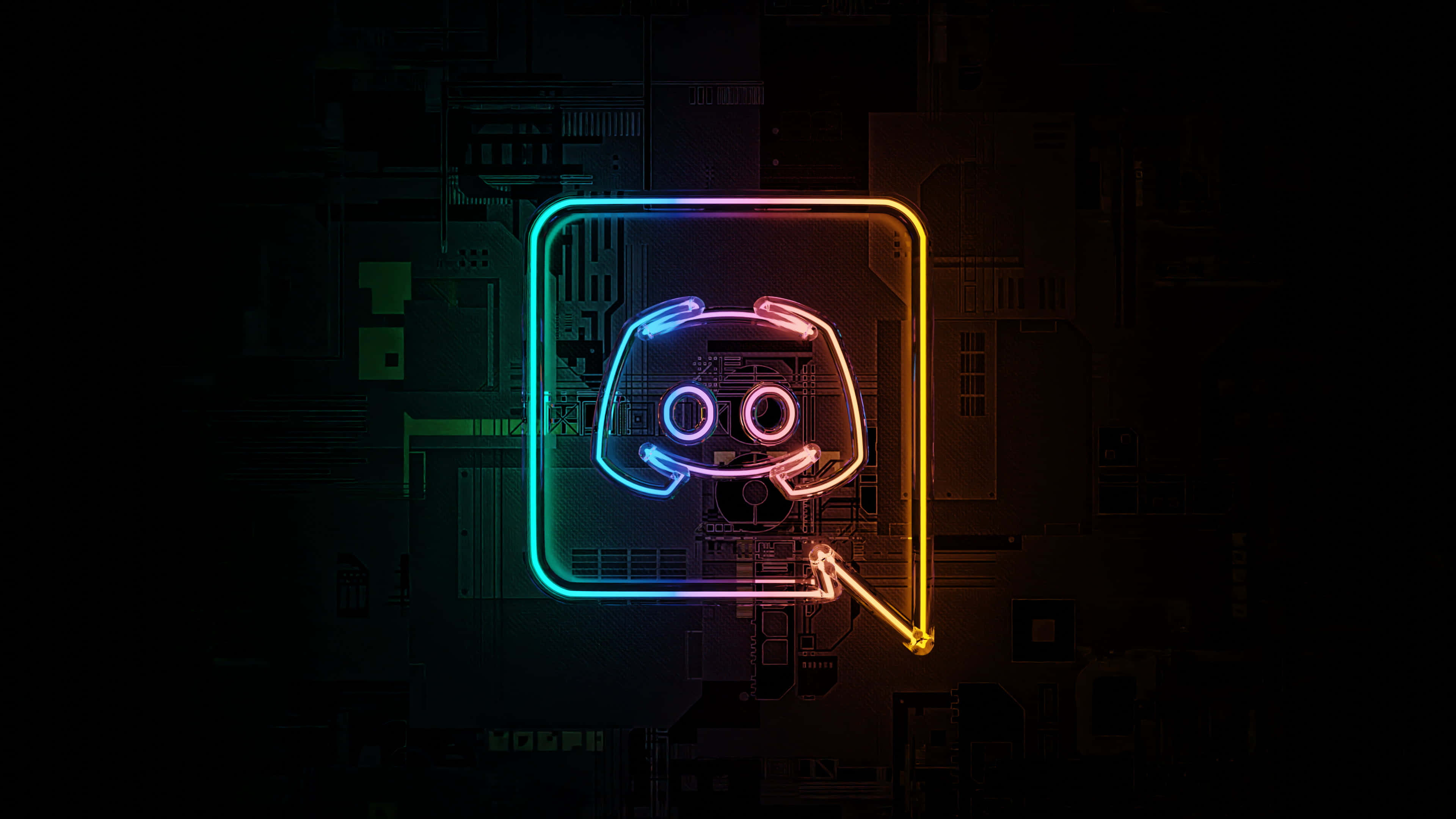 Discord logo, glowing neon, rainbow hues, 4K Desktop Wallpaper