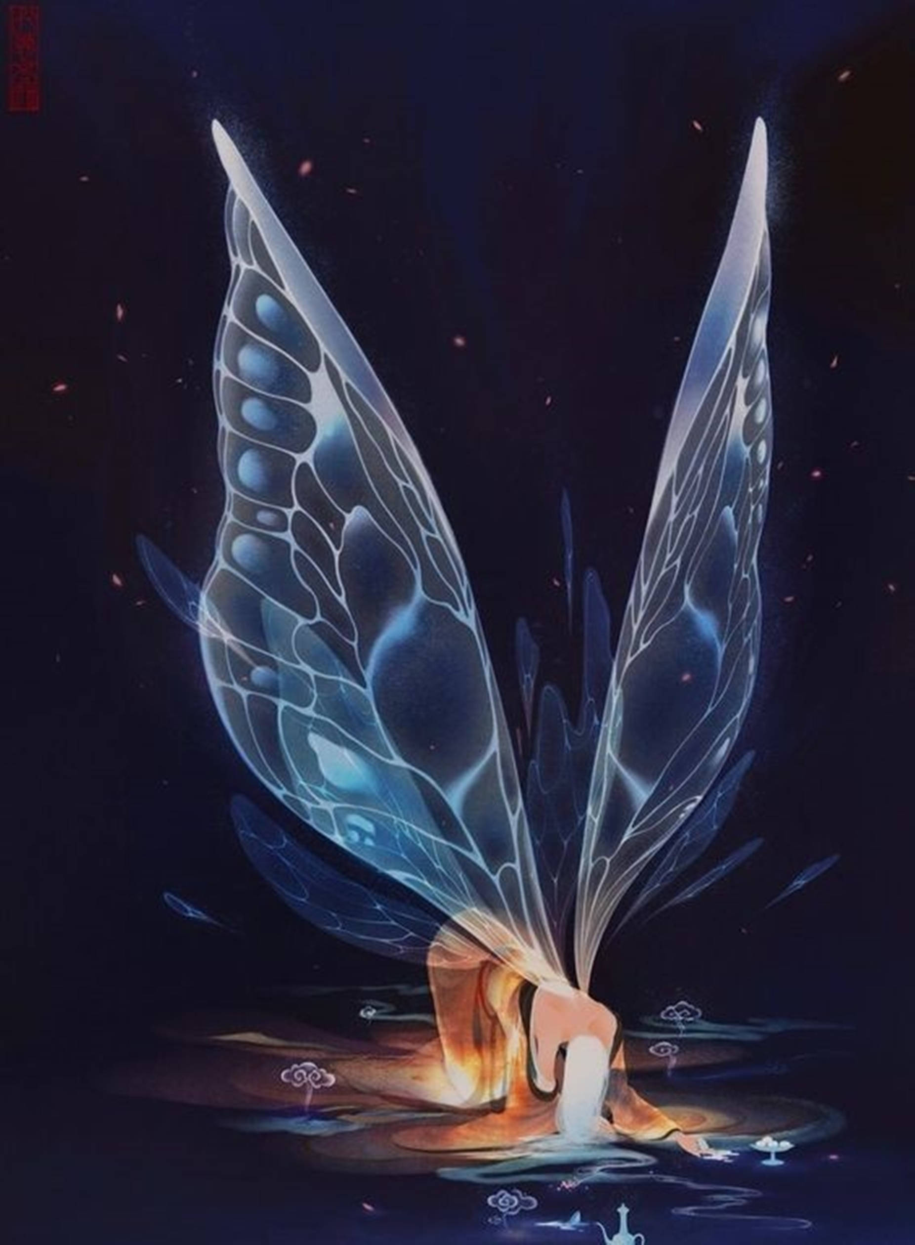 fairy, glowing blue-winged, translucent wings, Full HD Phone Wallpaper