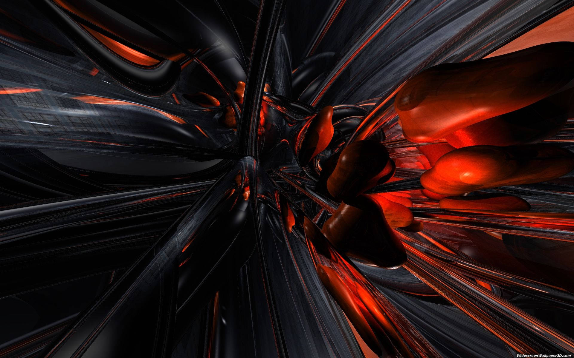 glossy black, glowing red ribbons, abstract tunnel, Full HD Desktop Wallpaper