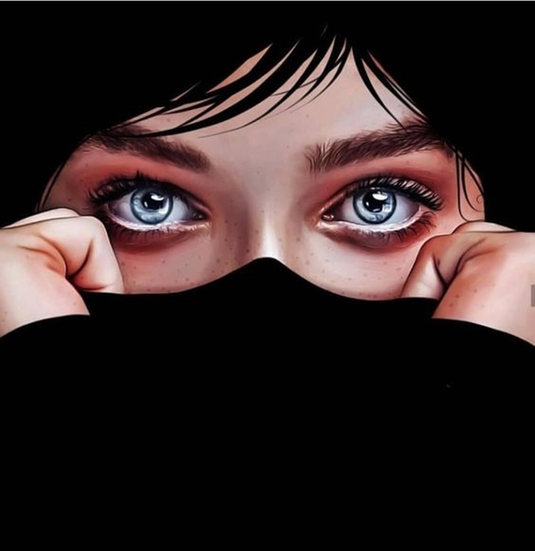 intense blue eyes, black fabric, hands holding, HD Phone Wallpaper