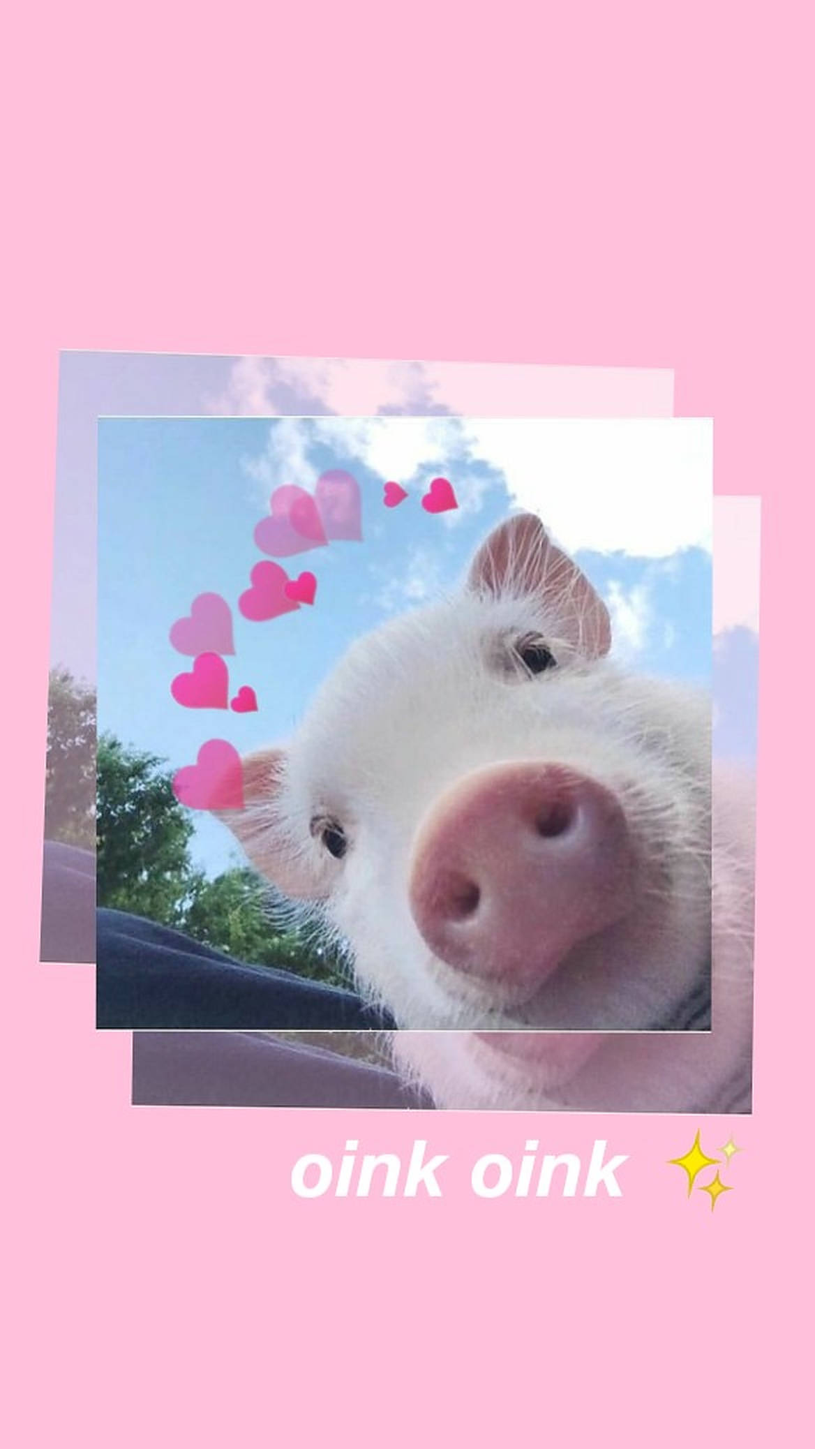 cute white piglet, pink heart graphics, blue sky background, Full HD Phone Wallpaper