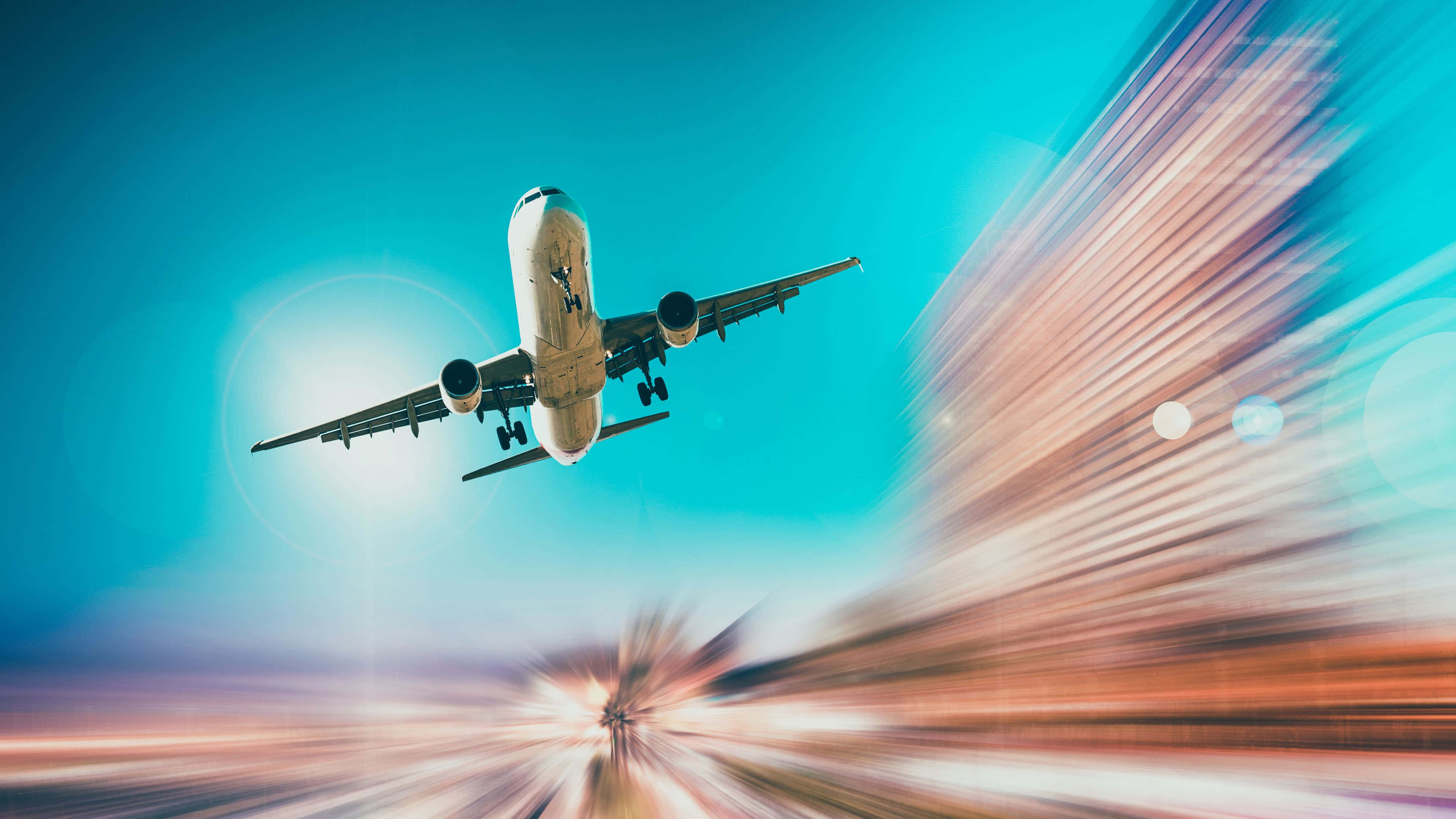 commercial airplane, vibrant blue sky, motion blur, 4K Desktop Wallpaper