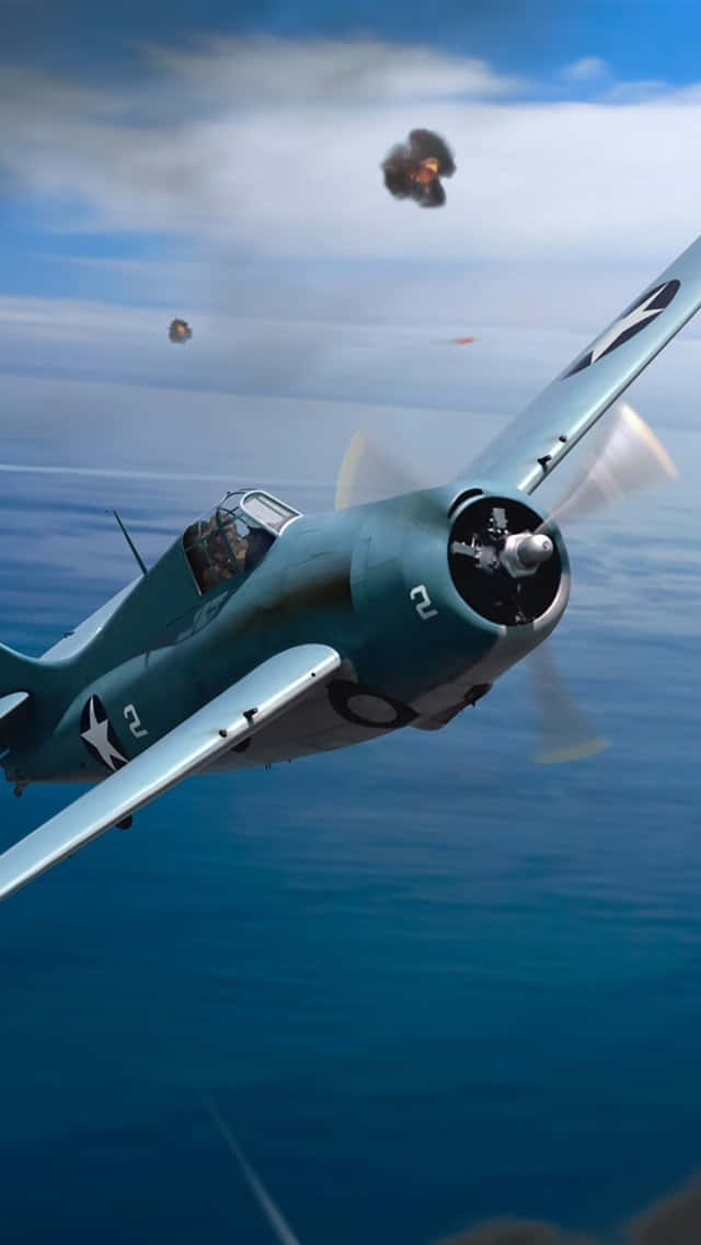 vintage military fighter plane, ocean, explosions, SD Phone Wallpaper