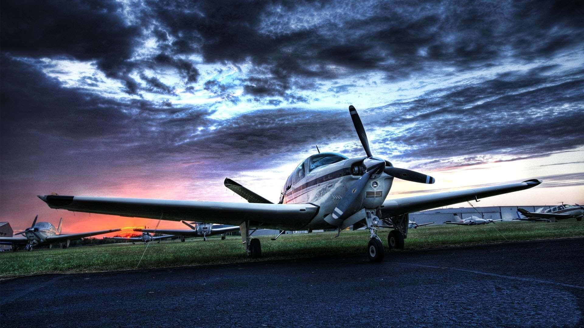small propeller airplane, tarmac, twilight sky, Full HD Desktop Wallpaper