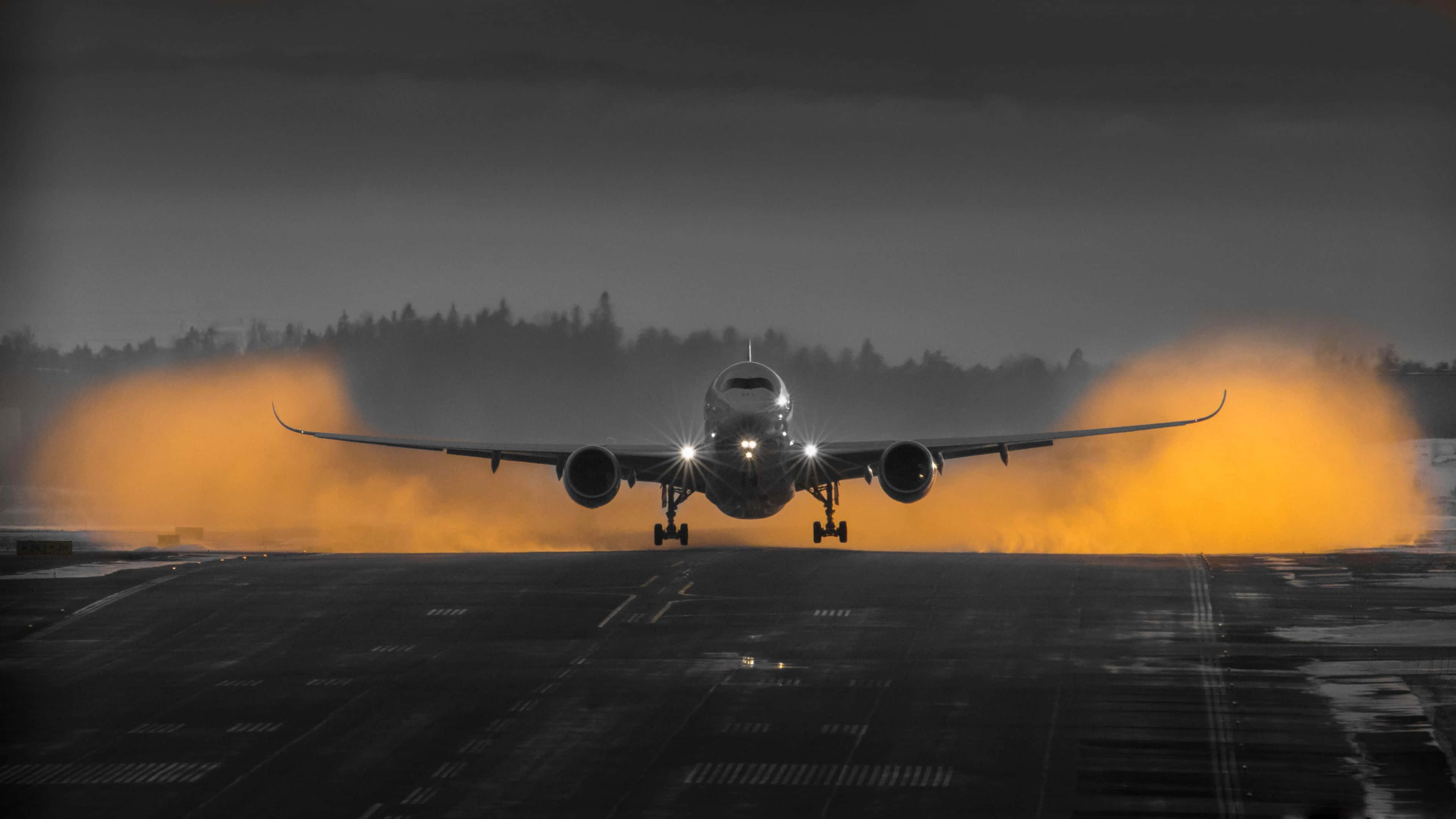 Cool Plane, wet runway, dusk, 4K Desktop Wallpaper
