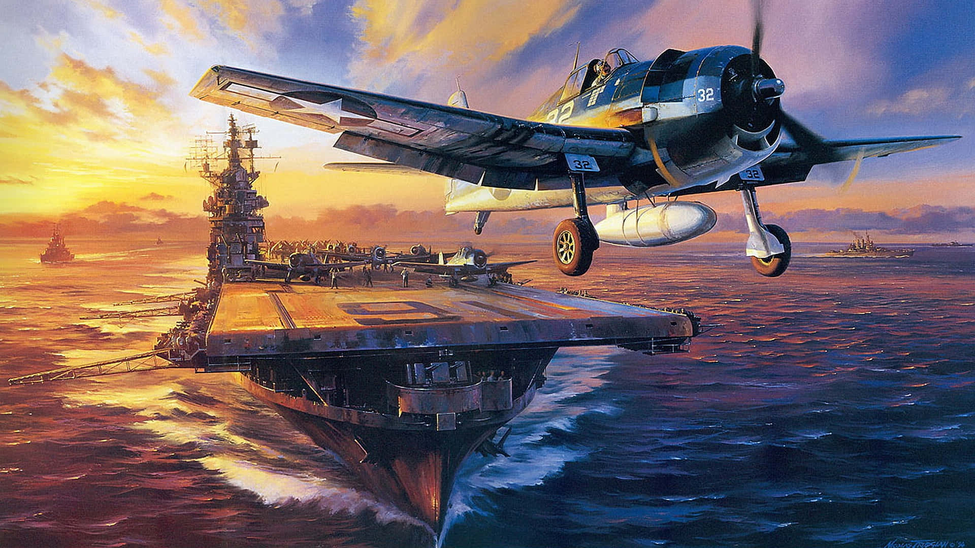 vintage fighter plane, aircraft carrier, sunset, Full HD Desktop Wallpaper