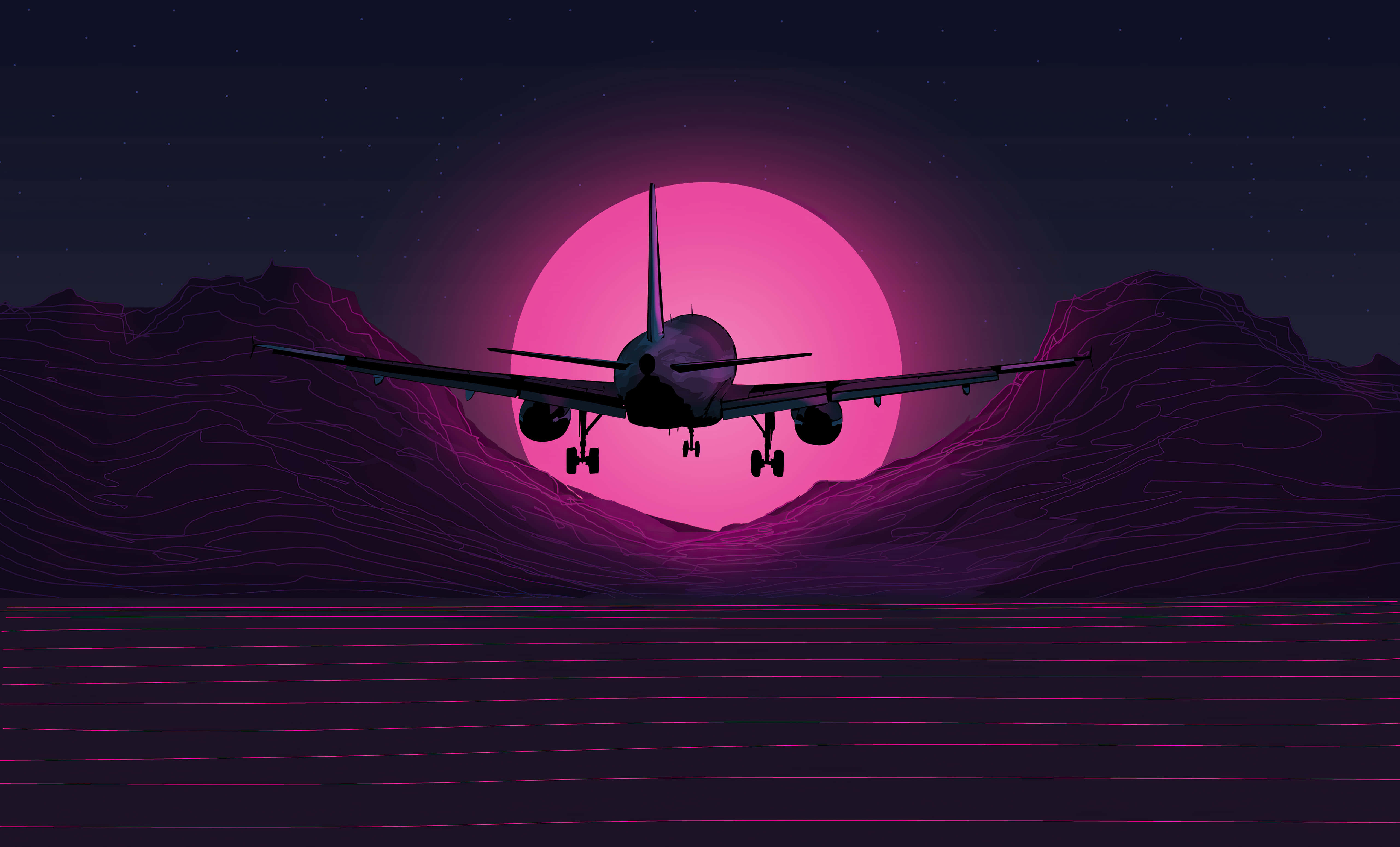 retrofuturistic airplane, glowing pink sun, purple mountains, 5K Desktop Wallpaper