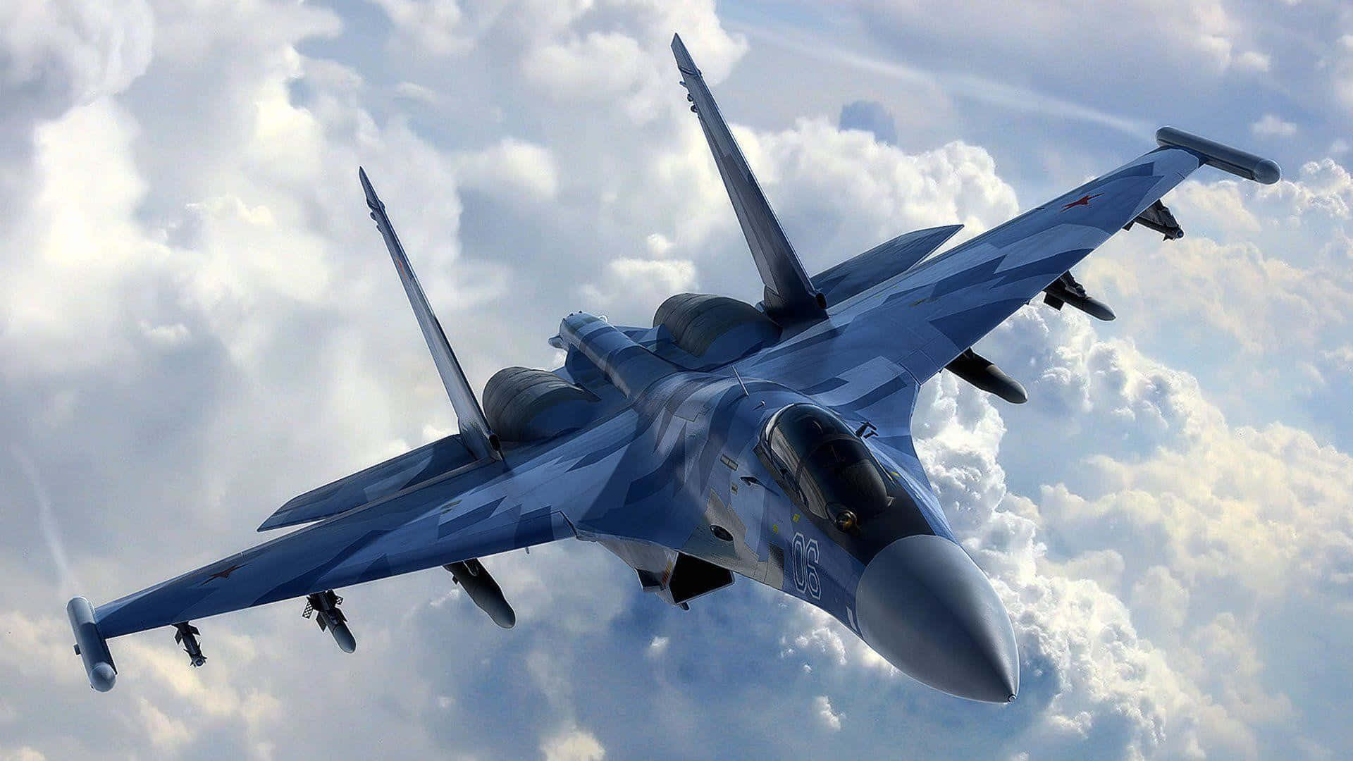 Cool Plane, sleek blue fighter jet, bright cloudy sky, Full HD Desktop Wallpaper