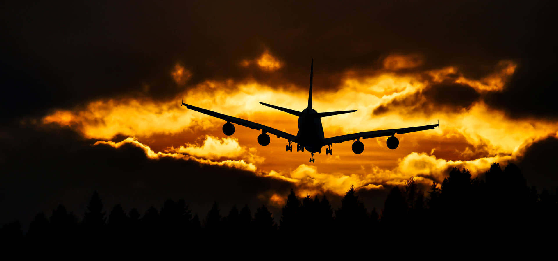 passenger jet, fiery orange sunset sky, dark clouds, Full HD Desktop Wallpaper