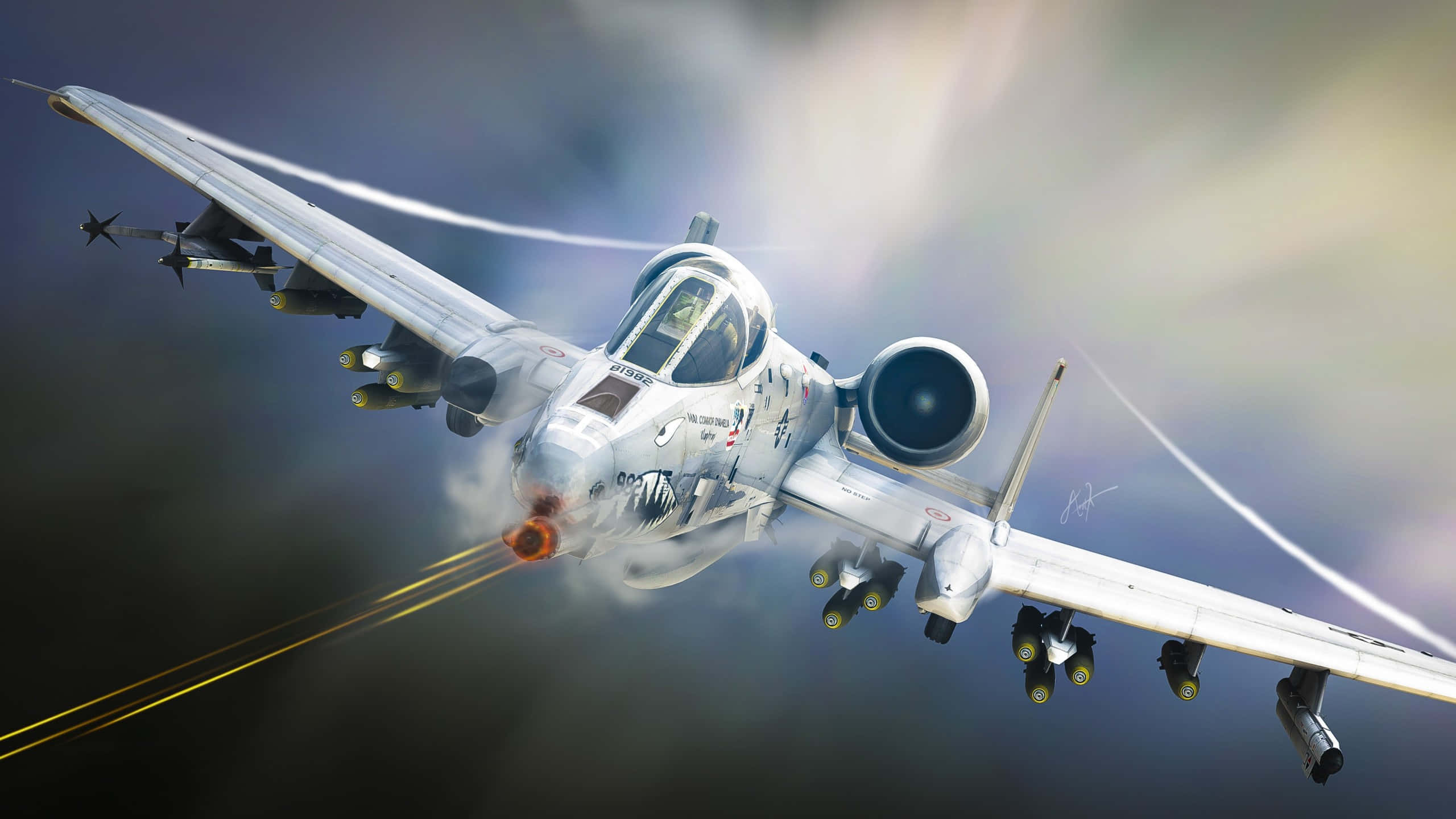 gray fighter jet, shark mouth paint, cloudy sky, 2K Desktop Wallpaper