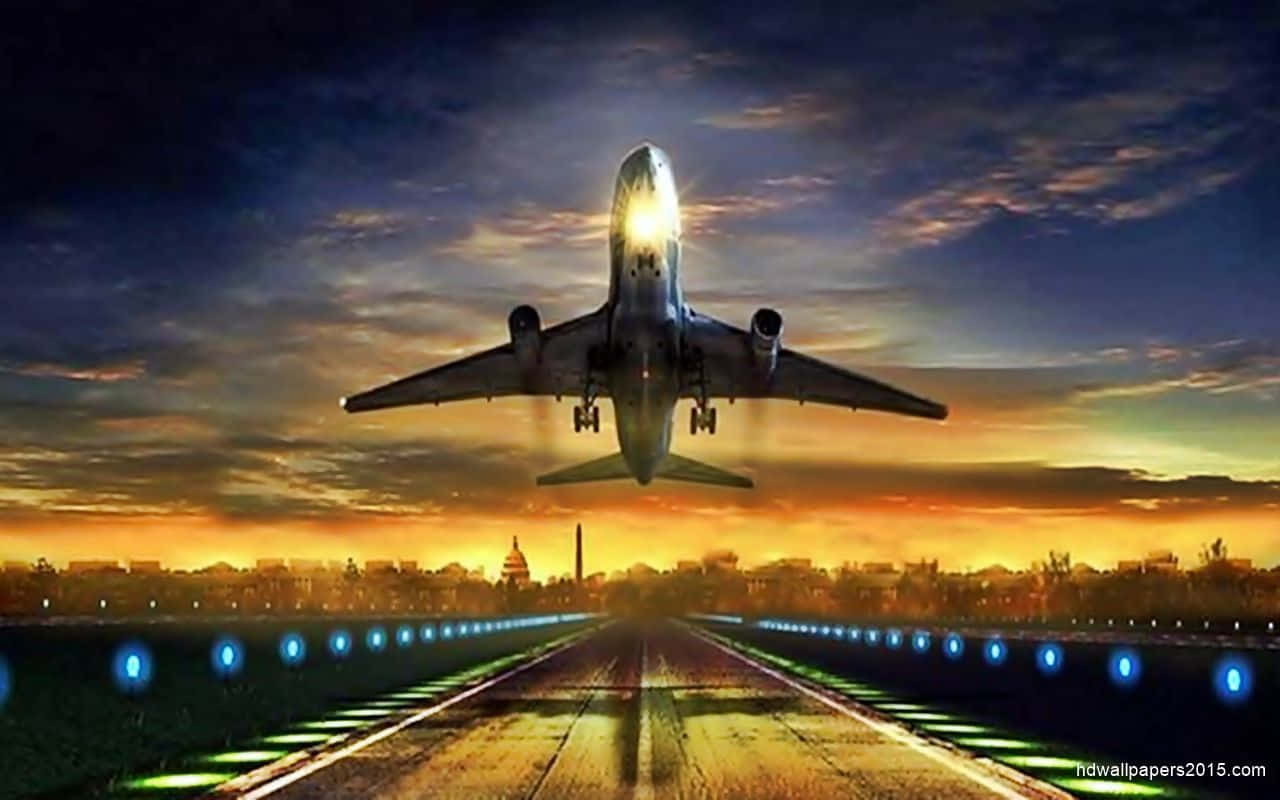 commercial airplane, sunset, glowing runway lights, HD Desktop Wallpaper