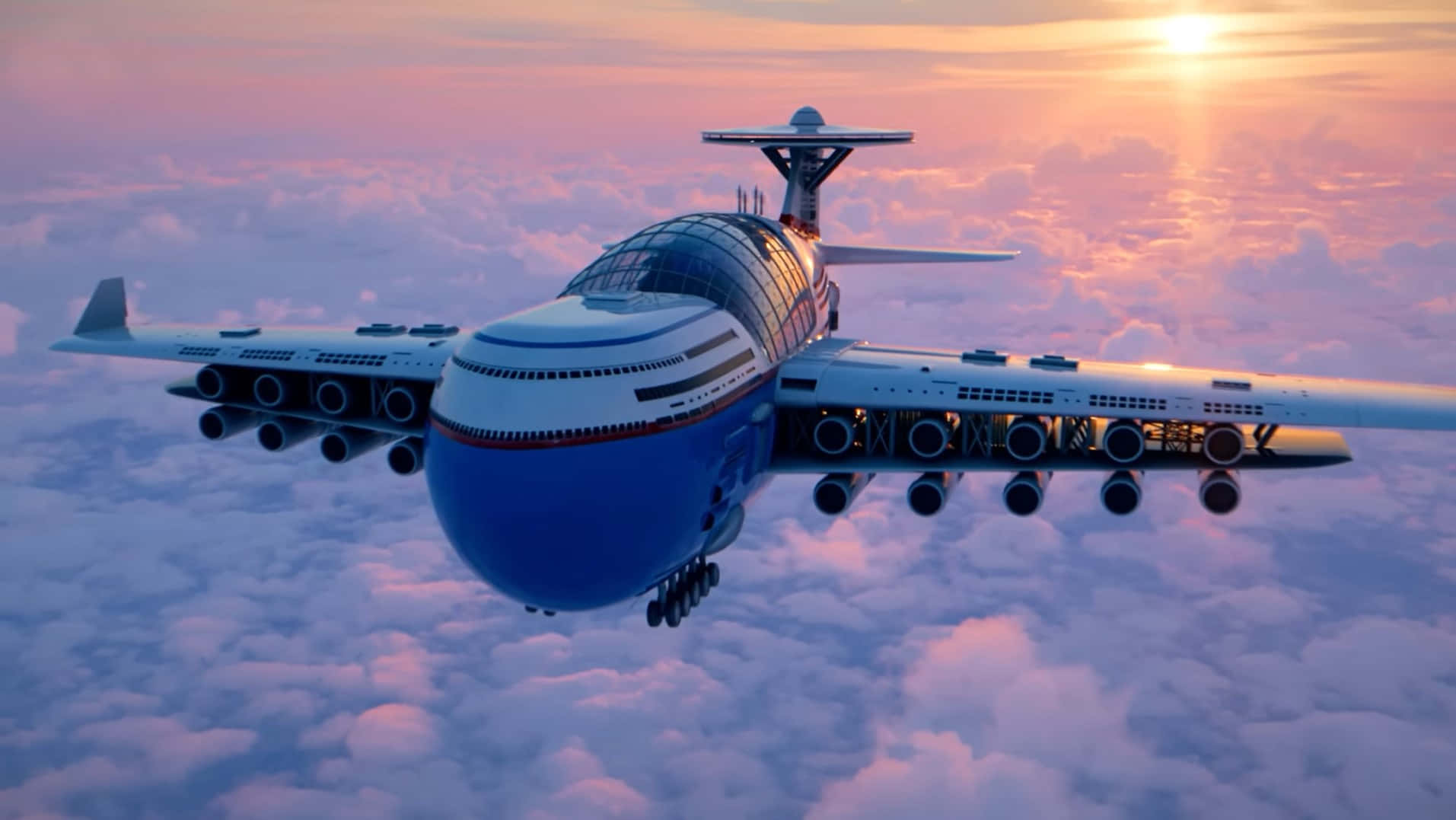 Cool Plane, futuristic blue and white flying aircraft, fluffy clouds, HD Desktop Wallpaper