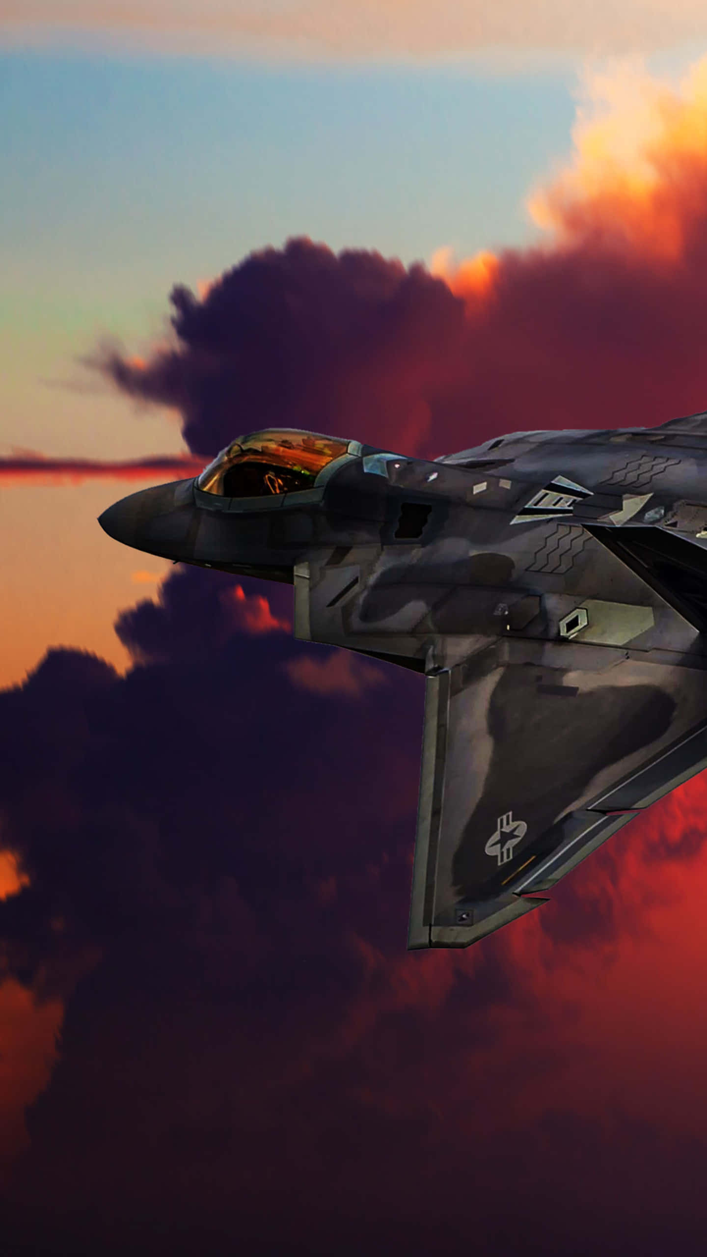 sleek fighter jet, dramatic sunset sky, fiery orange clouds, 2K Phone Wallpaper