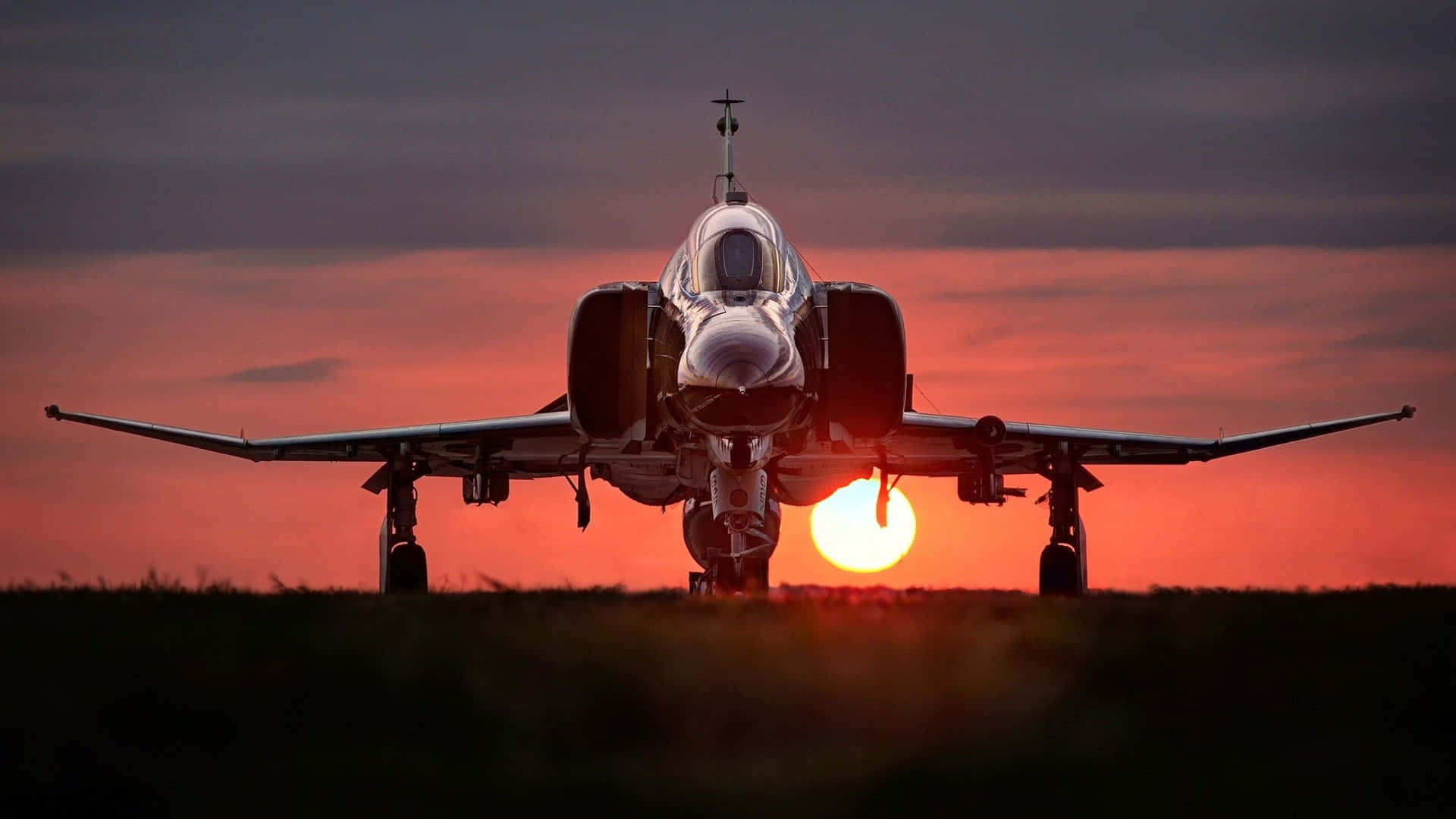 fighter jet, fiery sunset, sun glowing, Full HD Desktop Wallpaper