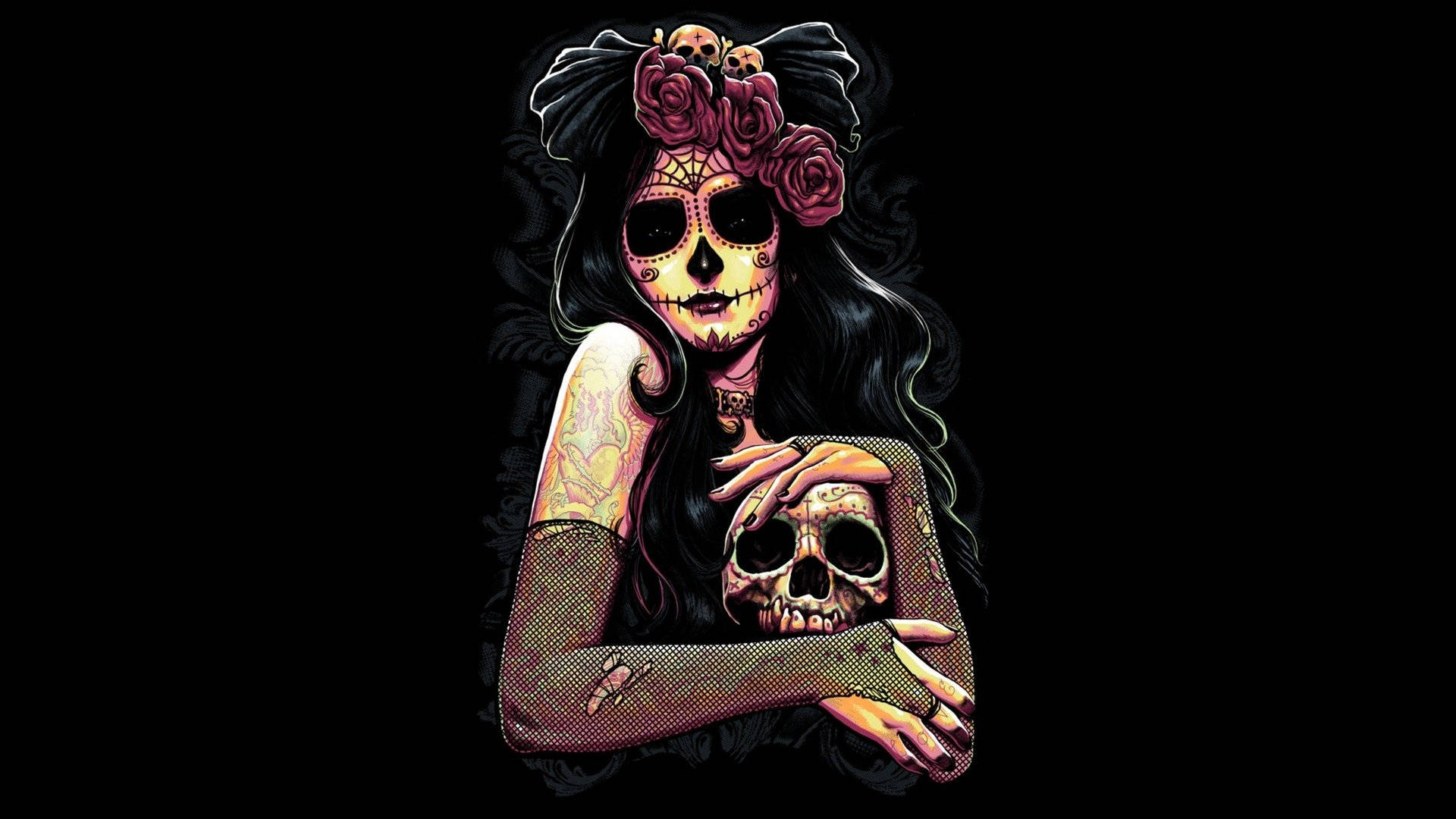 sugar skull woman, roses, skulls, Full HD Desktop Wallpaper