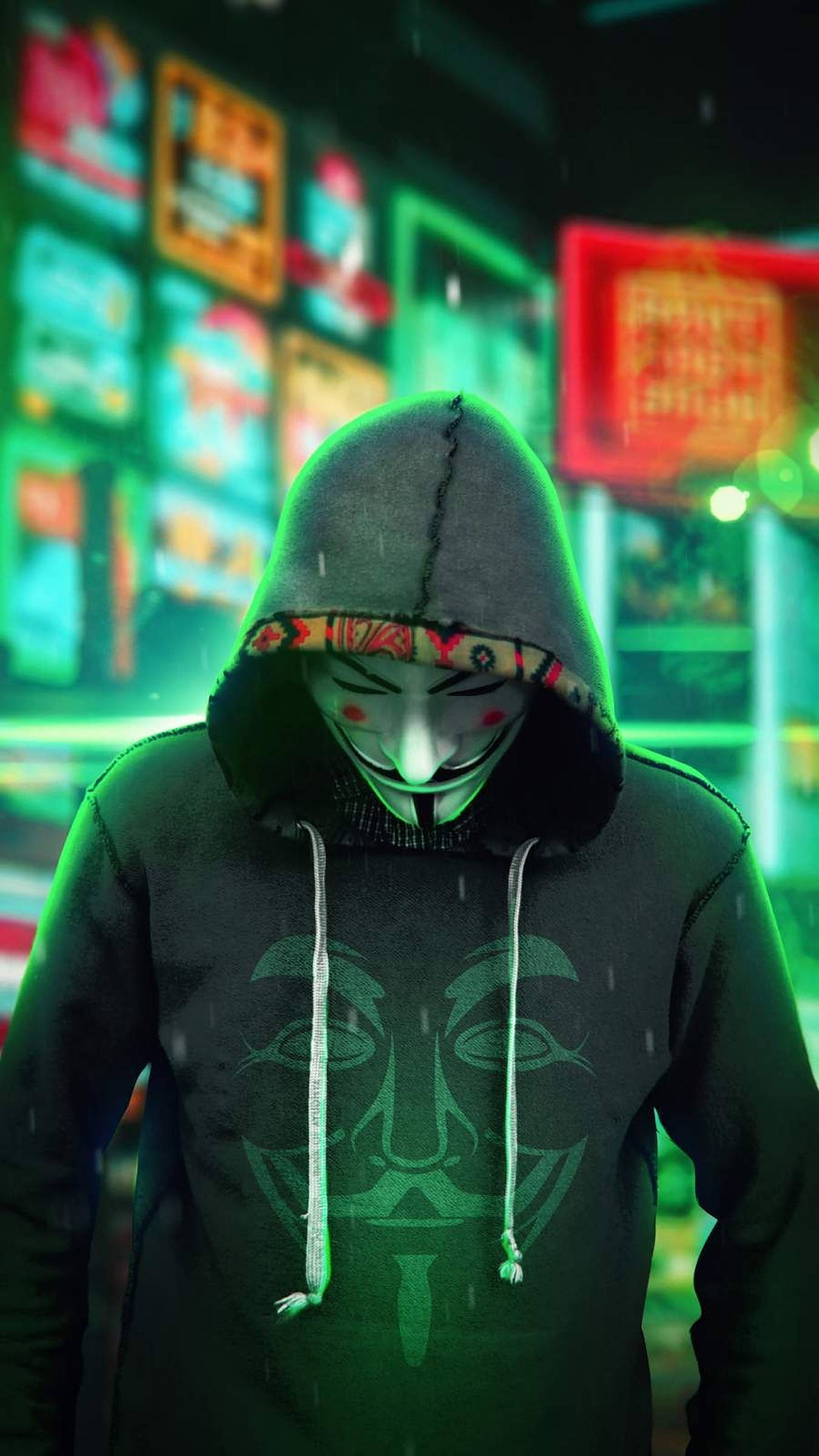 neon green, hoodie, masked figure, Full HD Phone Wallpaper