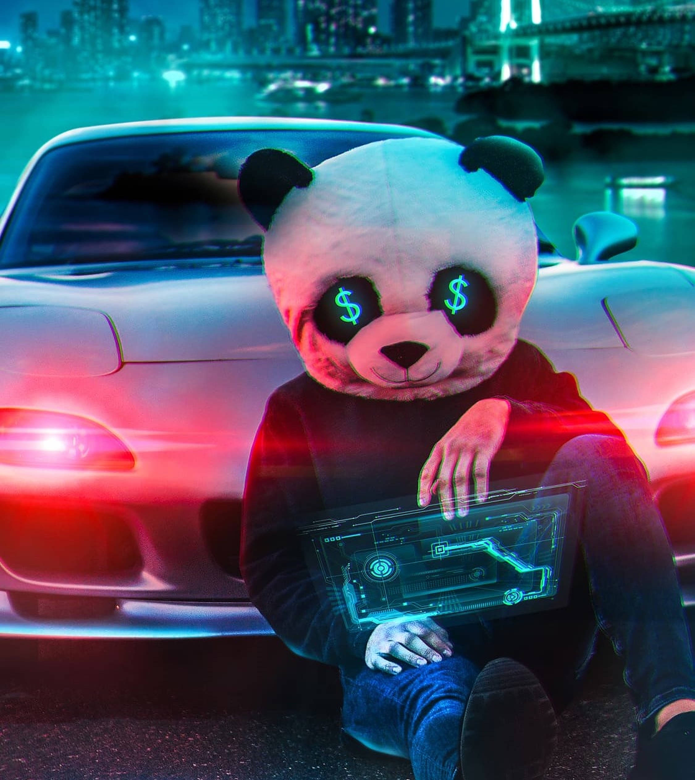 panda mask, glowing dollar-sign-eyed, sleek sports car, Full HD Phone Wallpaper