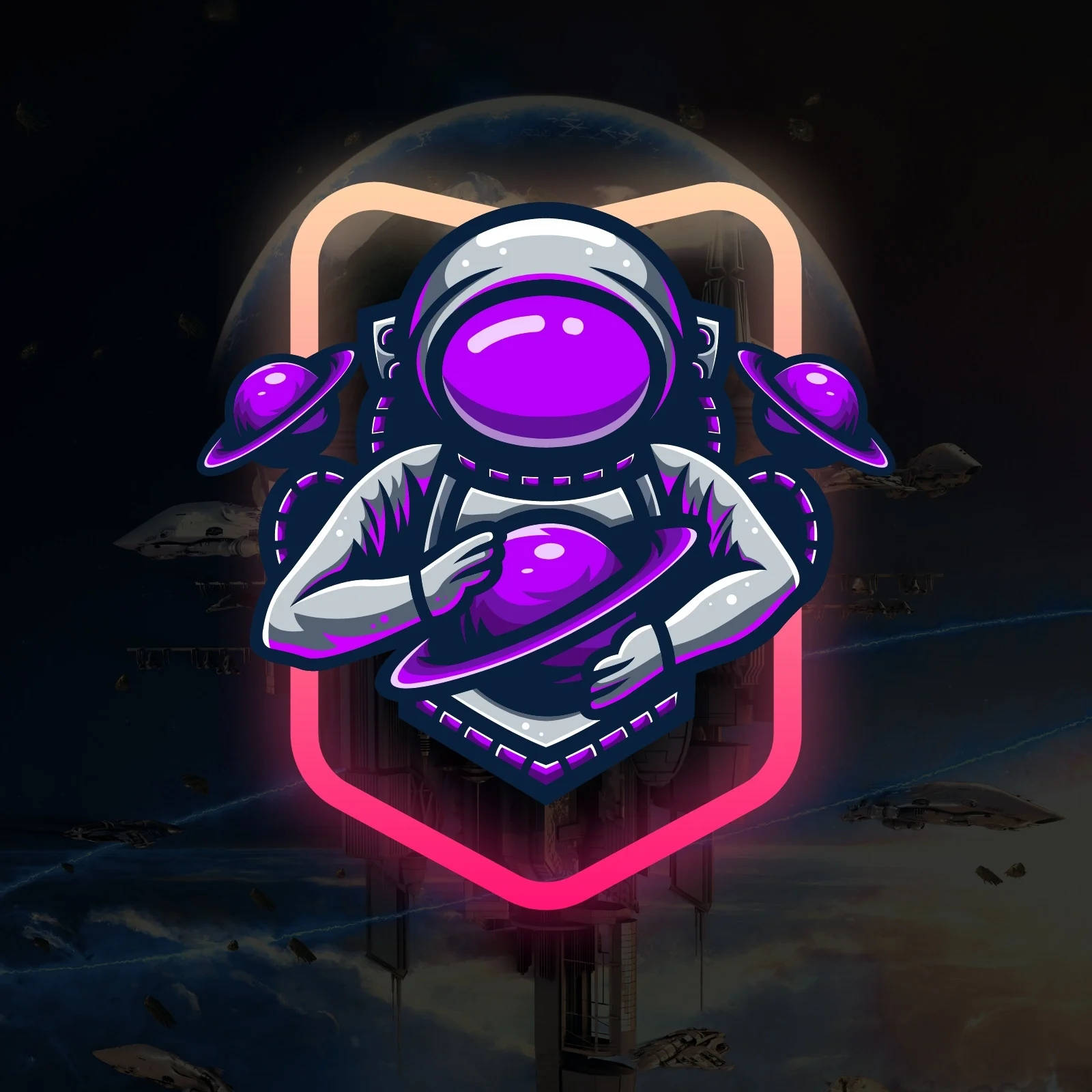 purple astronaut, glowing purple suit, neon pink shield, HD Desktop Wallpaper