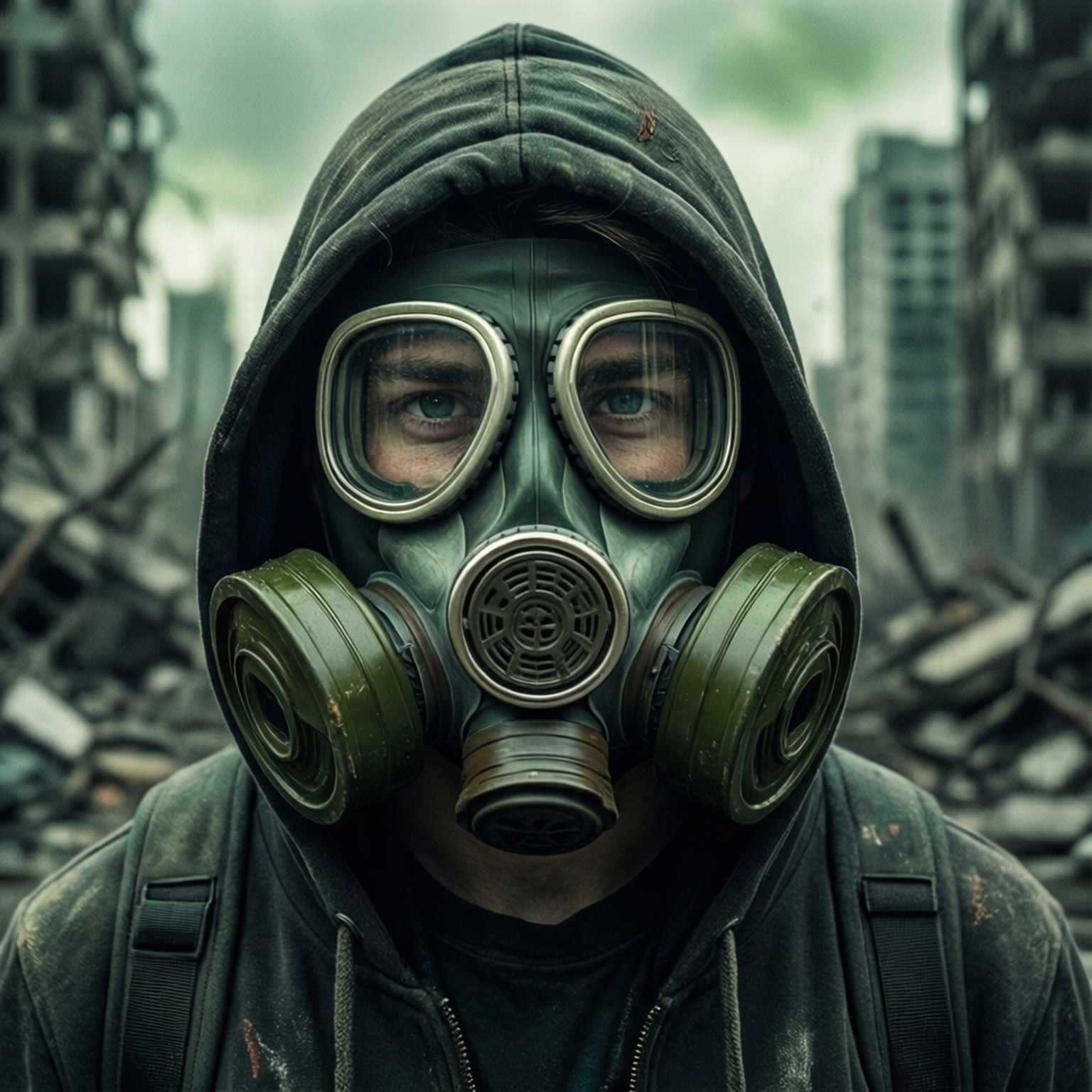 green gas mask, hooded jacket, ruined city buildings, HD Desktop Wallpaper