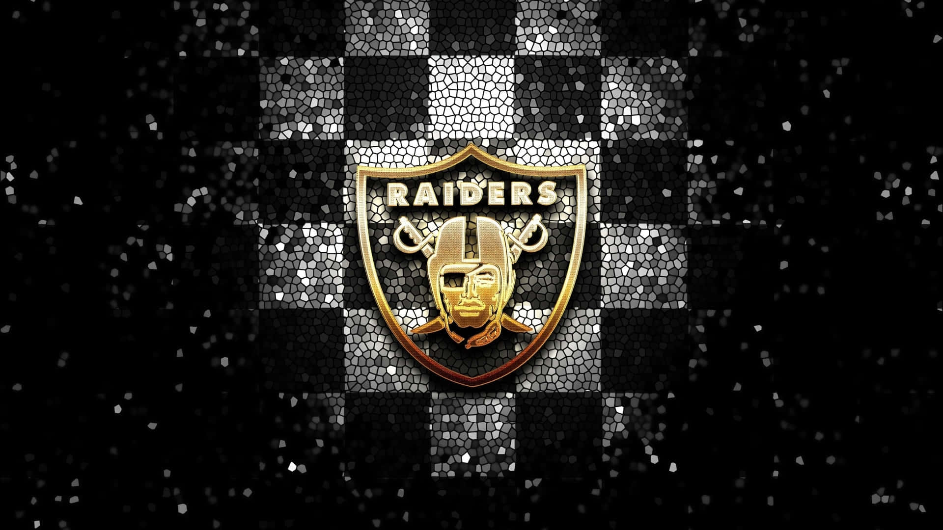 Raiders logo, golden, black and white checkered mosaic background, Full HD Desktop Wallpaper