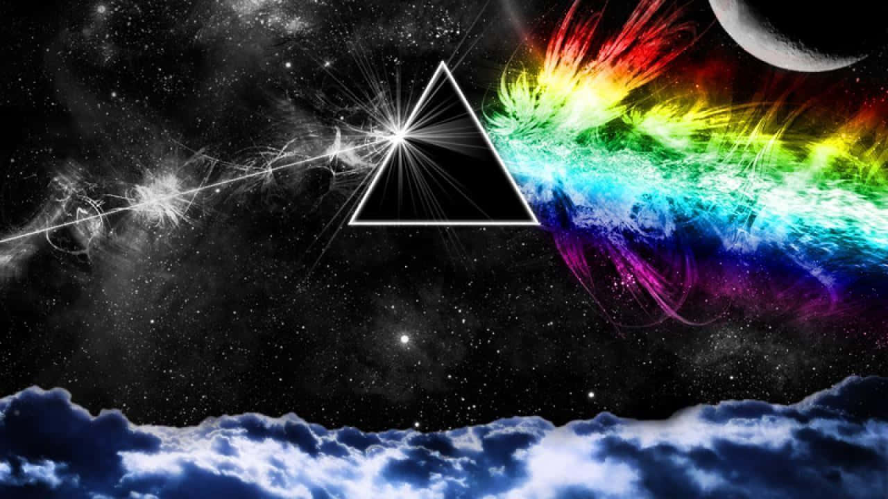 Dark Side of The Moon, rainbow nebula, glowing black triangle, HD Desktop Wallpaper