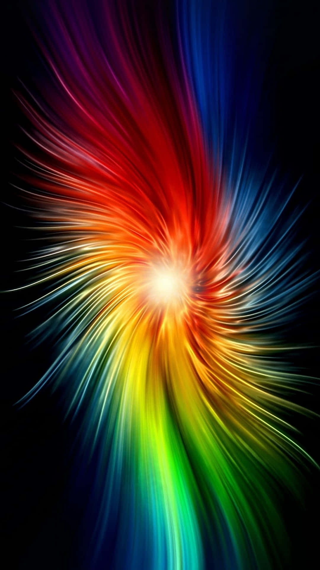 vibrant rainbow streaks, bright center, black background, Full HD Phone Wallpaper